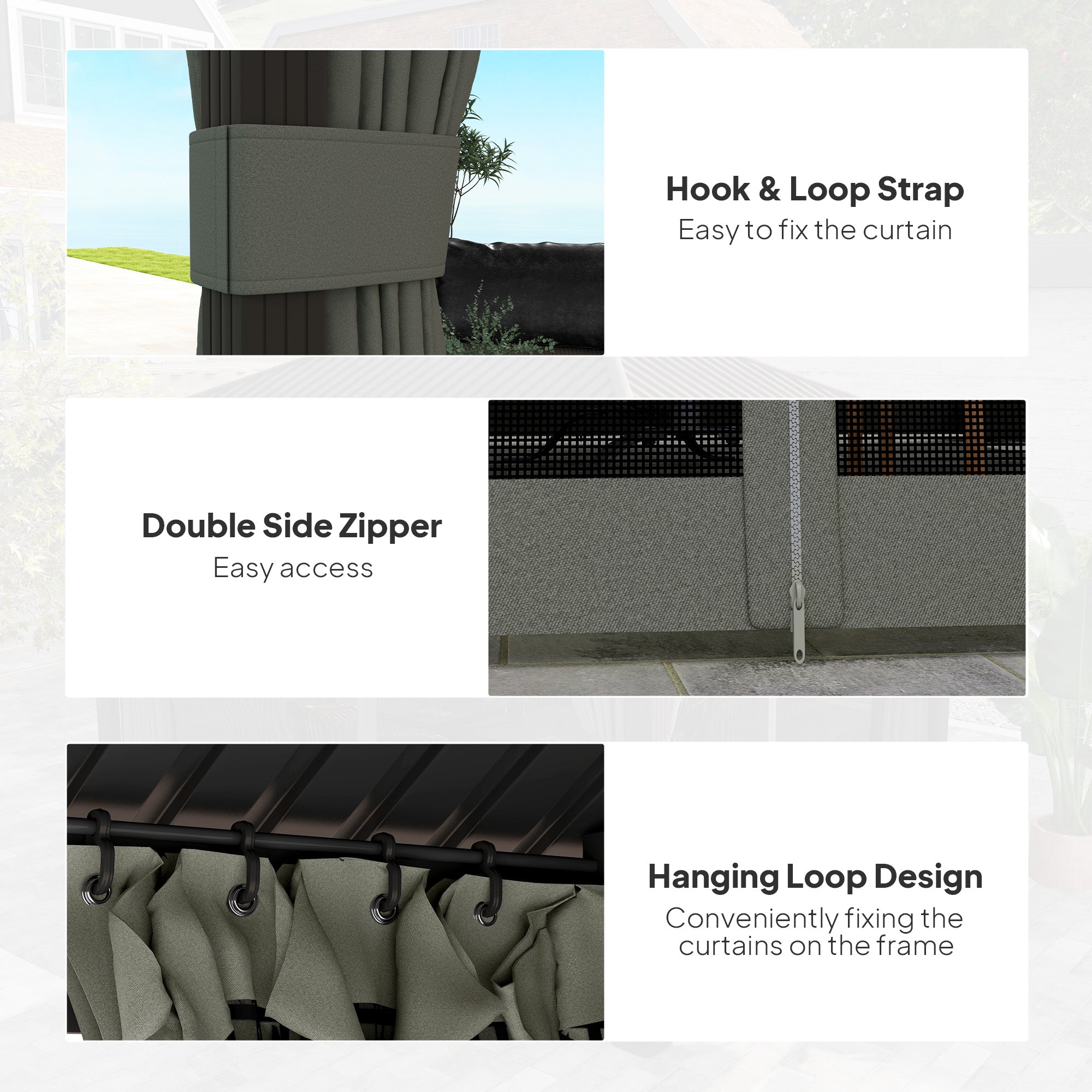 Detailed view of the curtain features on the Outsunny 10' x 12' Hardtop Gazebo, showcasing the hook and loop strap, double side zipper, and hanging loop design for easy access and convenience.