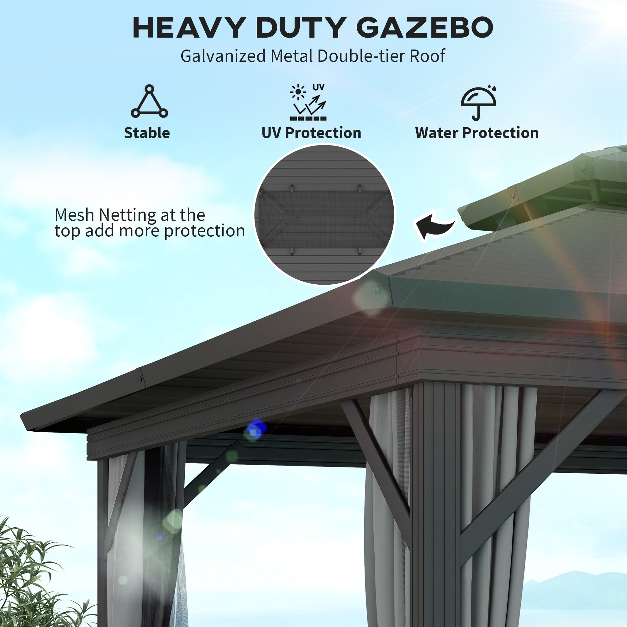Close-up of the roof of the Outsunny 10' x 12' Hardtop Gazebo highlighting its double-tier structure and durable material for UV and water protection.