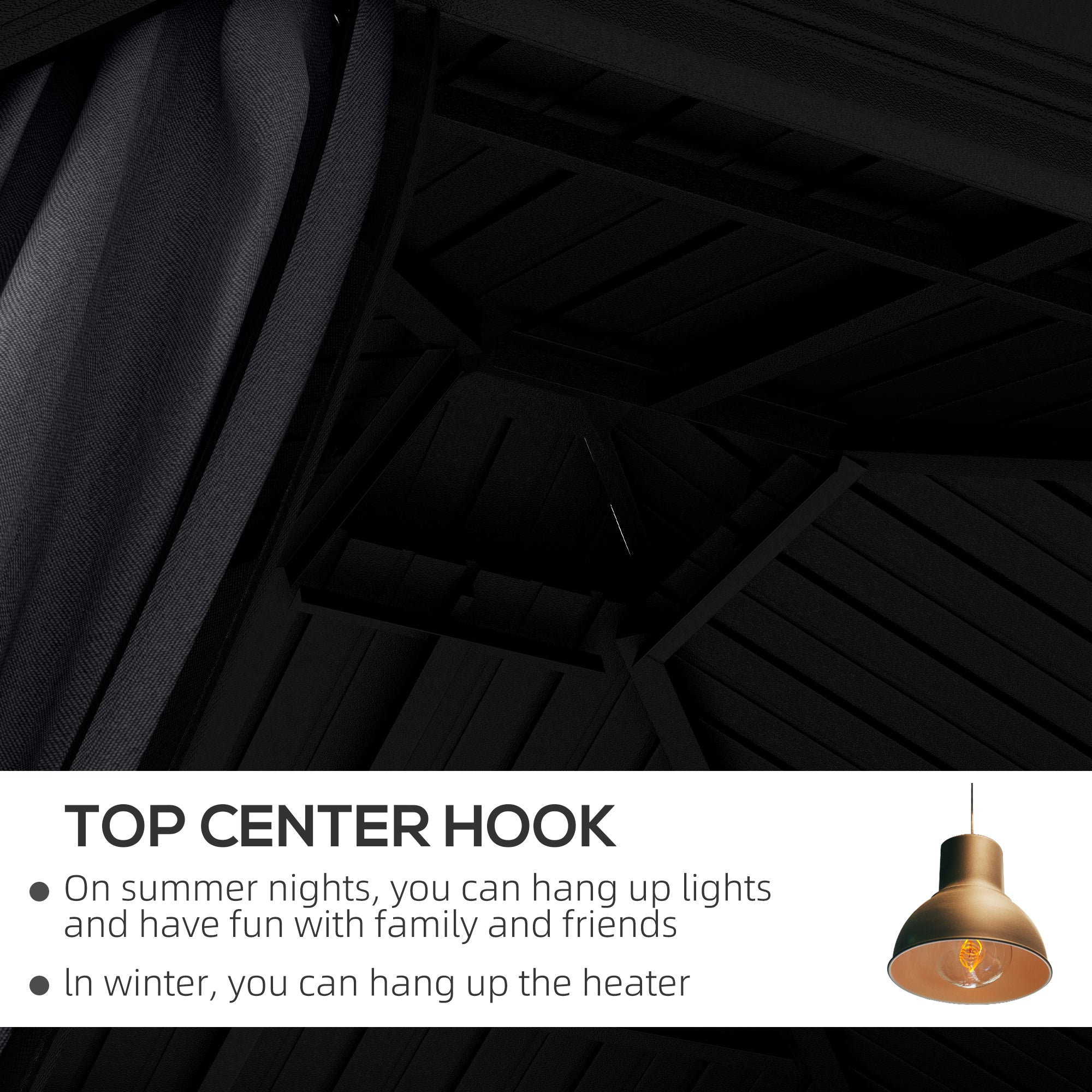 Top center hook inside the Outsunny 10' x 12' Hardtop Gazebo, perfect for hanging lights or a heater to enhance outdoor experiences.