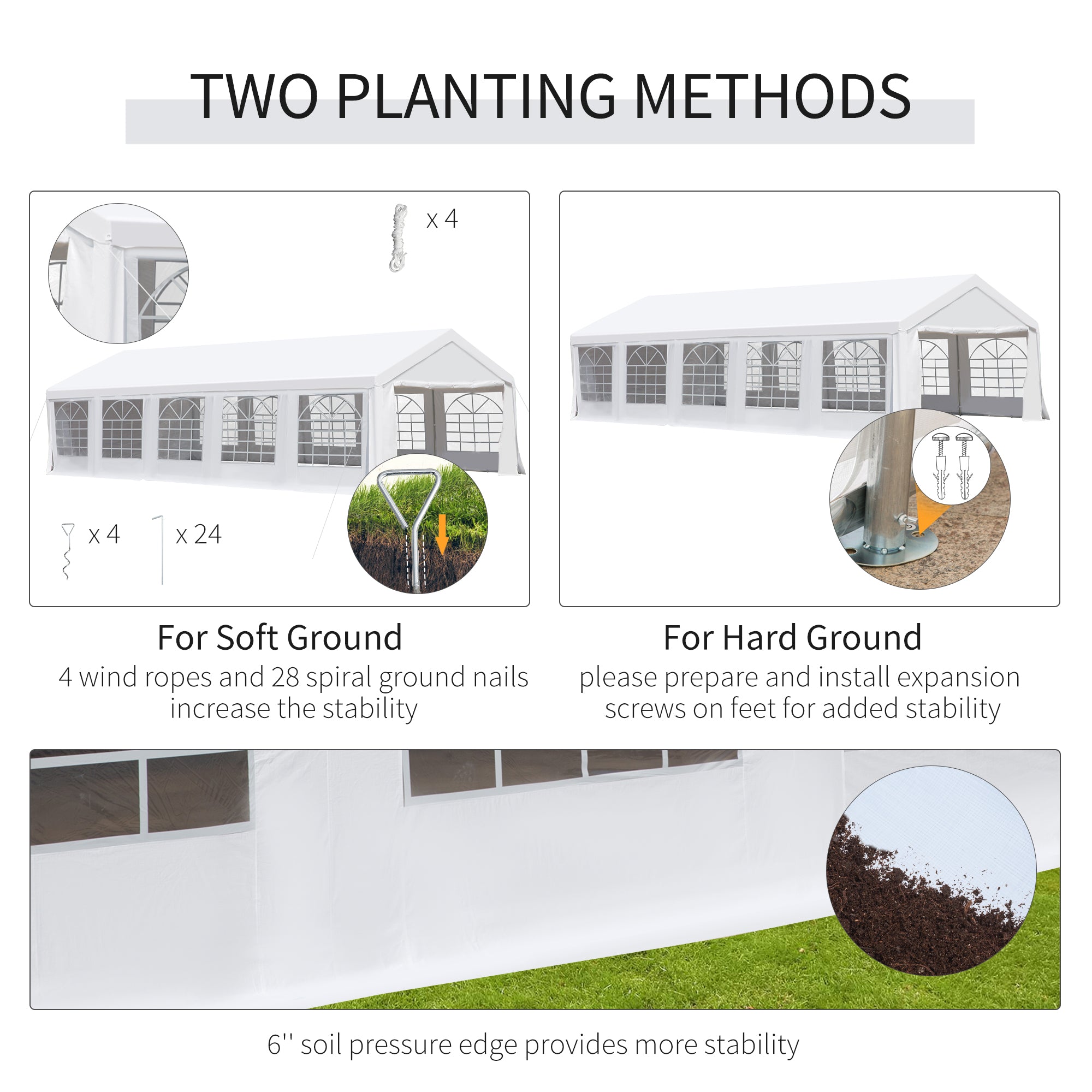 Installation options for the Outsunny 32'x16' Heavy Duty Steel Outdoor Wedding Canopy Tent by Dream Yard Oasis™, depicting planting methods for stability.