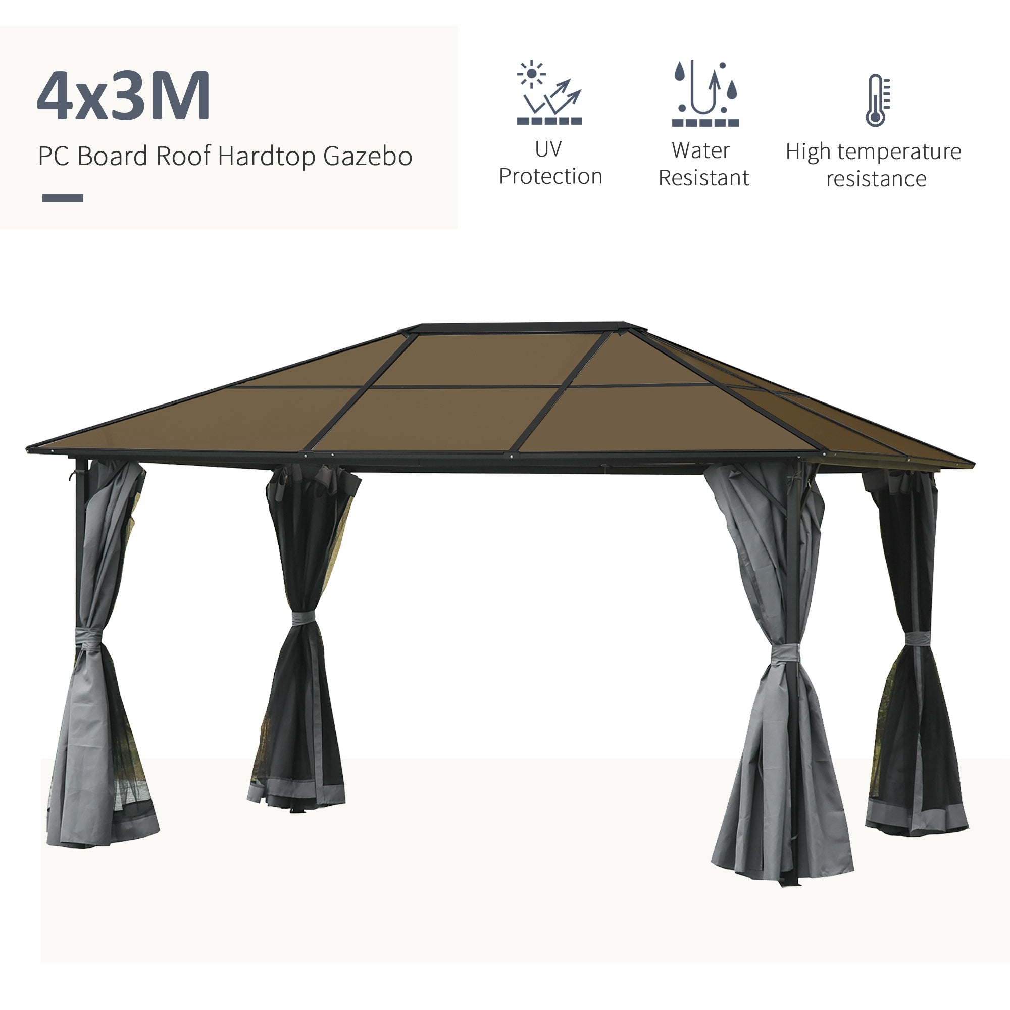 Features overview of the Outsunny 13' x 10' Aluminum Hardtop Gazebo, emphasizing UV protection and water resistance for outdoor use.