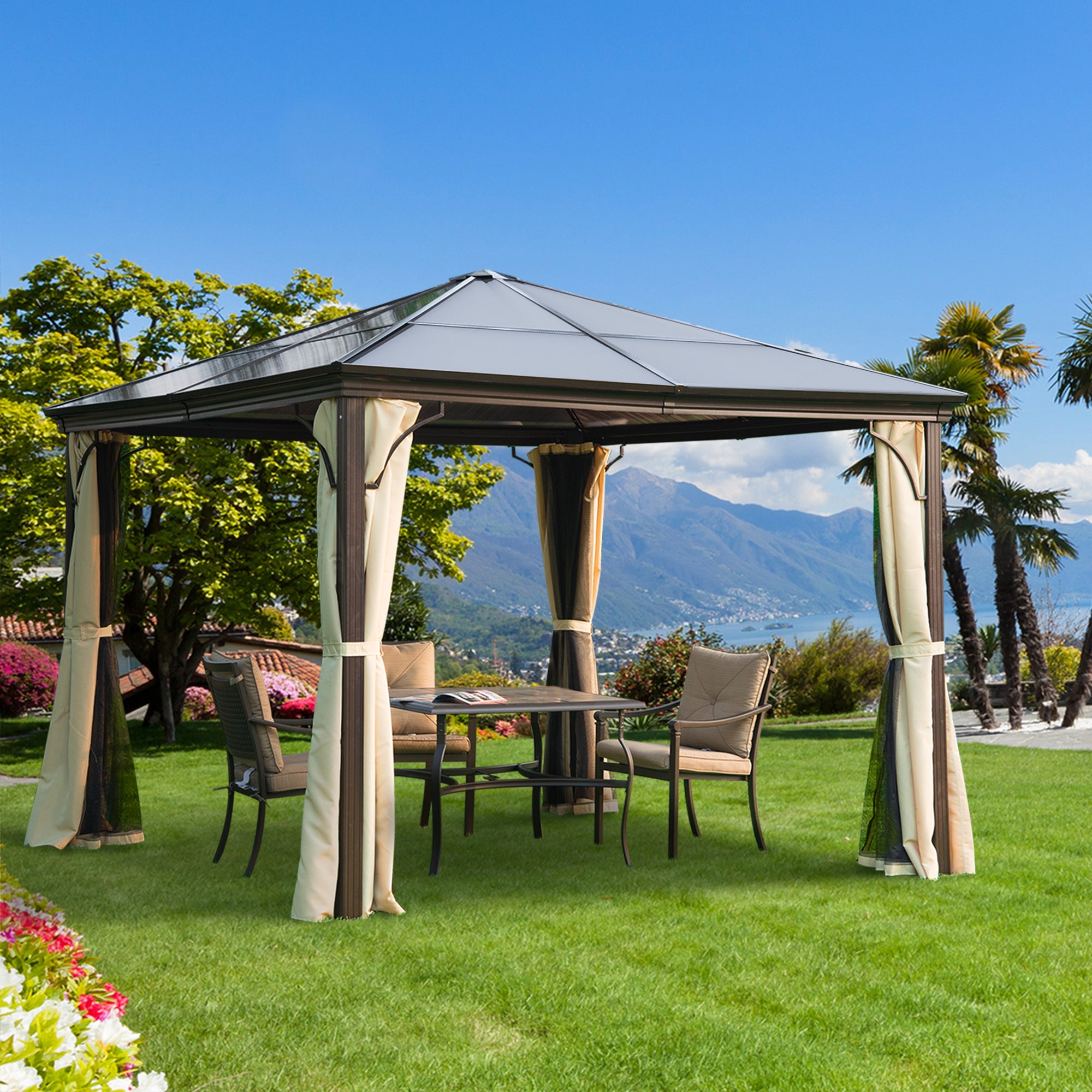 Outsunny 10X10 Ft Hard Top Gazebo Canopy in a beautiful backyard setting, perfect for outdoor gatherings with a spacious design and comfortable seating.