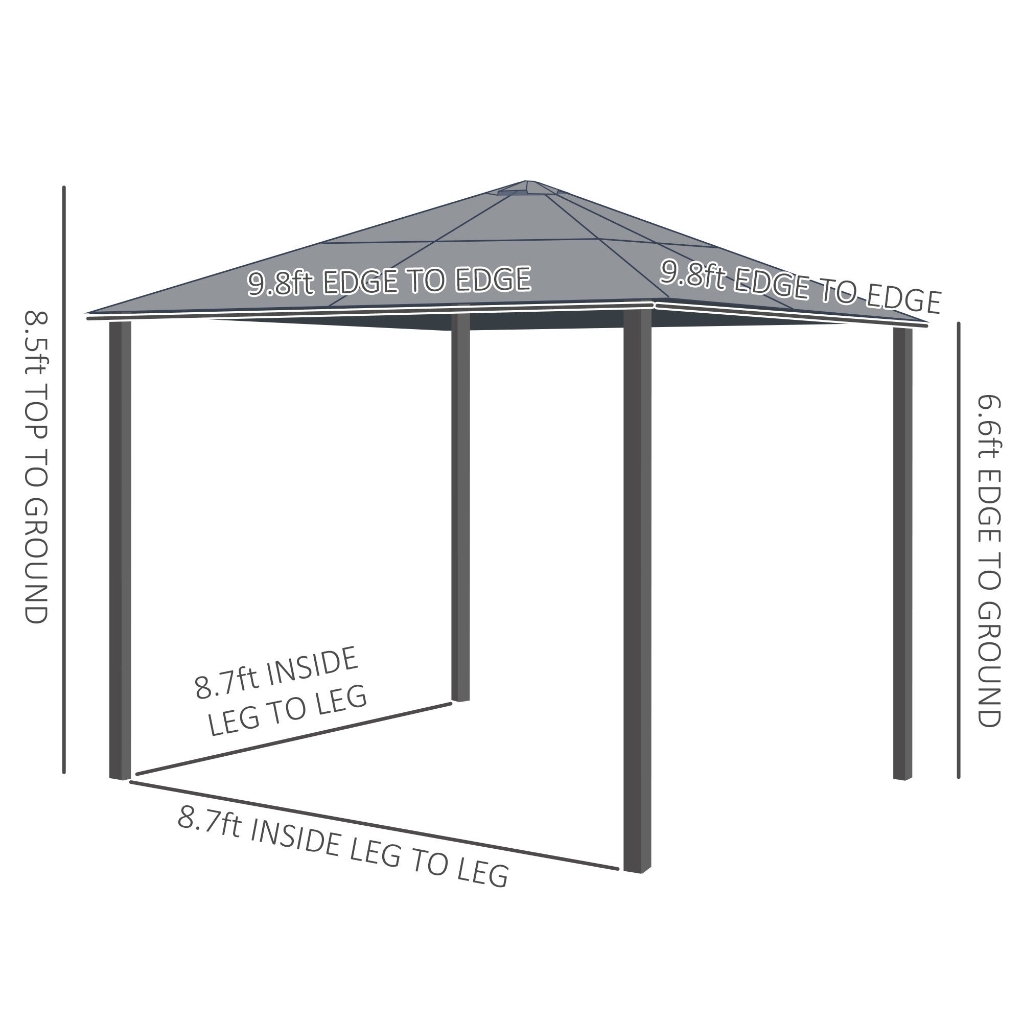 Dimensions illustration of Outsunny 10X10 Ft Hard Top Gazebo Canopy, showcasing height and width specifications for the ideal outdoor setup.