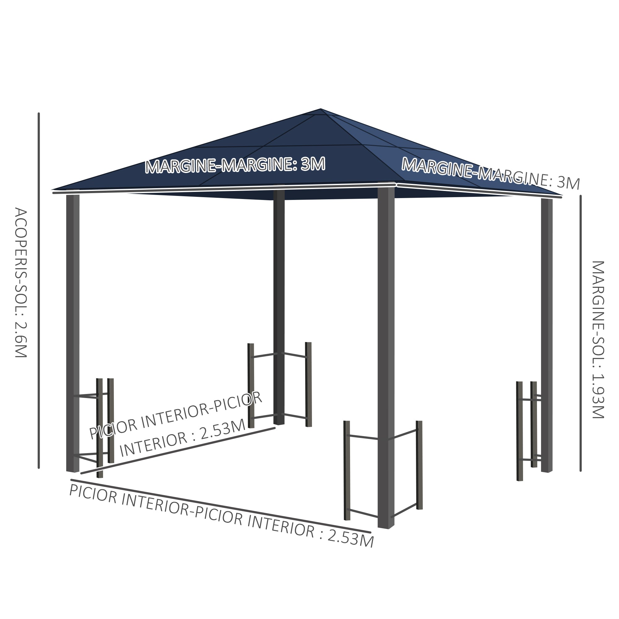 Dimensions and design of the Outsunny 10'X10' Hardtop Gazebo, showcasing its stylish construction and spacious layout.