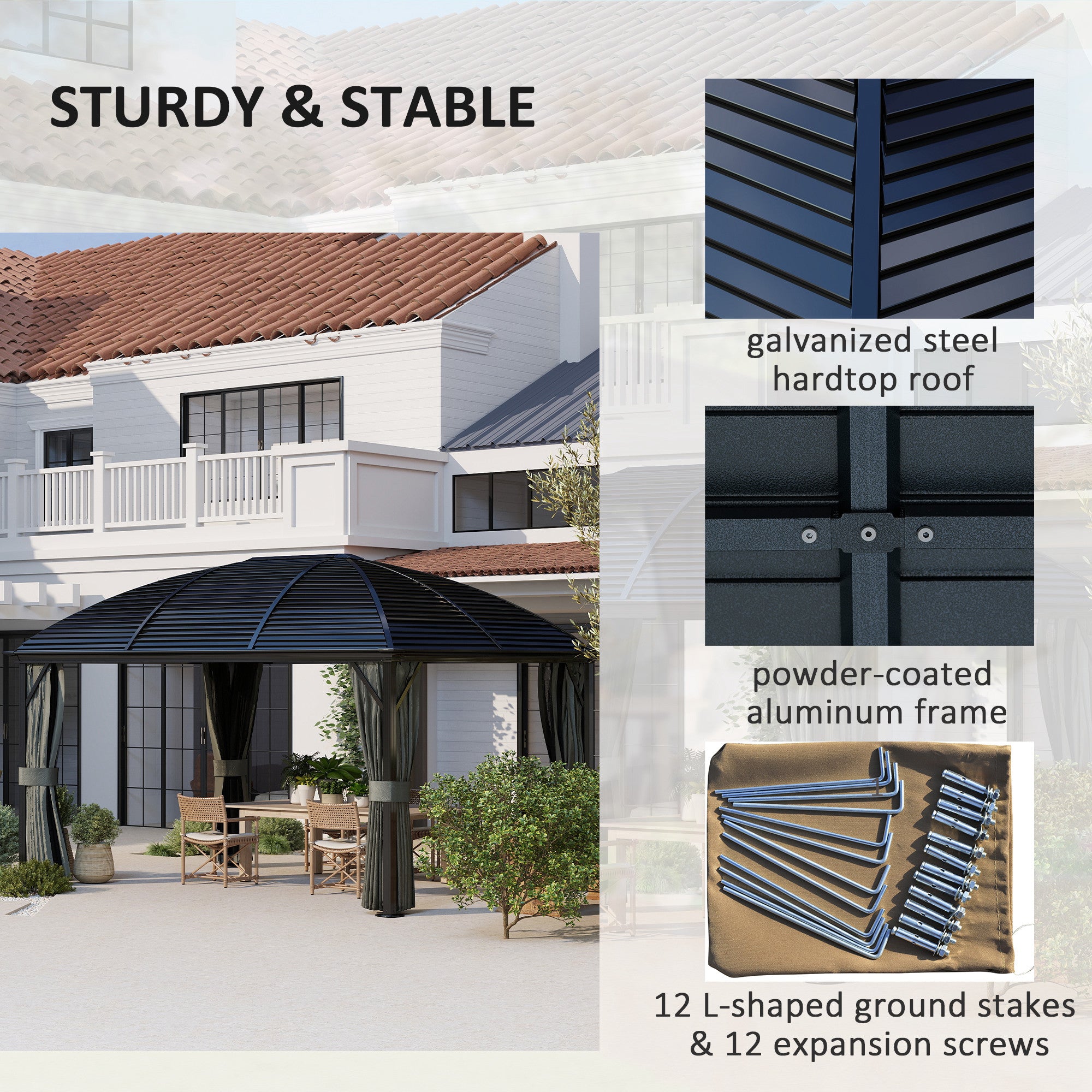 Sturdy and stable Outsunny 10' x 13' Aluminum Hardtop Gazebo featuring a galvanized steel roof, powder-coated aluminum frame, and anchoring accessories.