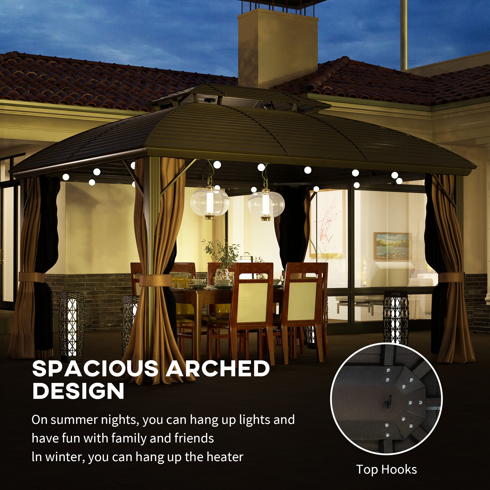 Stylish evening setup of the Outsunny 10' x 12' Hardtop Patio Gazebo adorned with lights, perfect for gatherings.