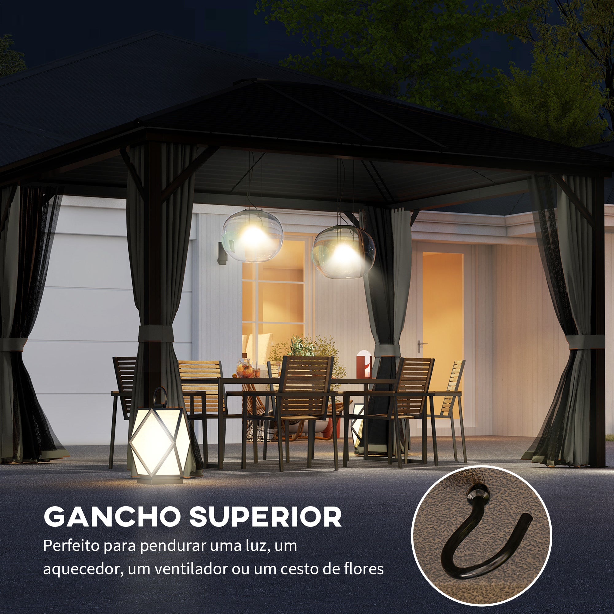Evening setting of the Outsunny 10' x 12' Hardtop Gazebo, showcasing hanging lights and a hook for additional outdoor accessories, creating a cozy atmosphere.