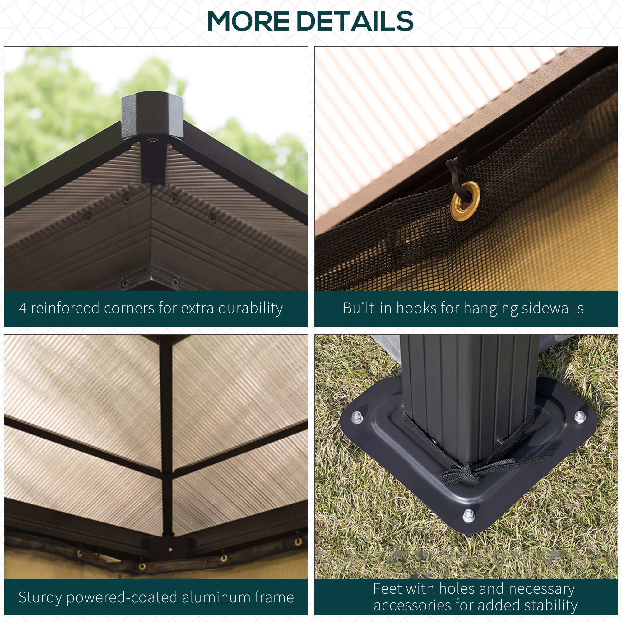 More details of the Outsunny 12' x 10' Hardtop Gazebo, including reinforced corners and hooks for improved durability and stability.