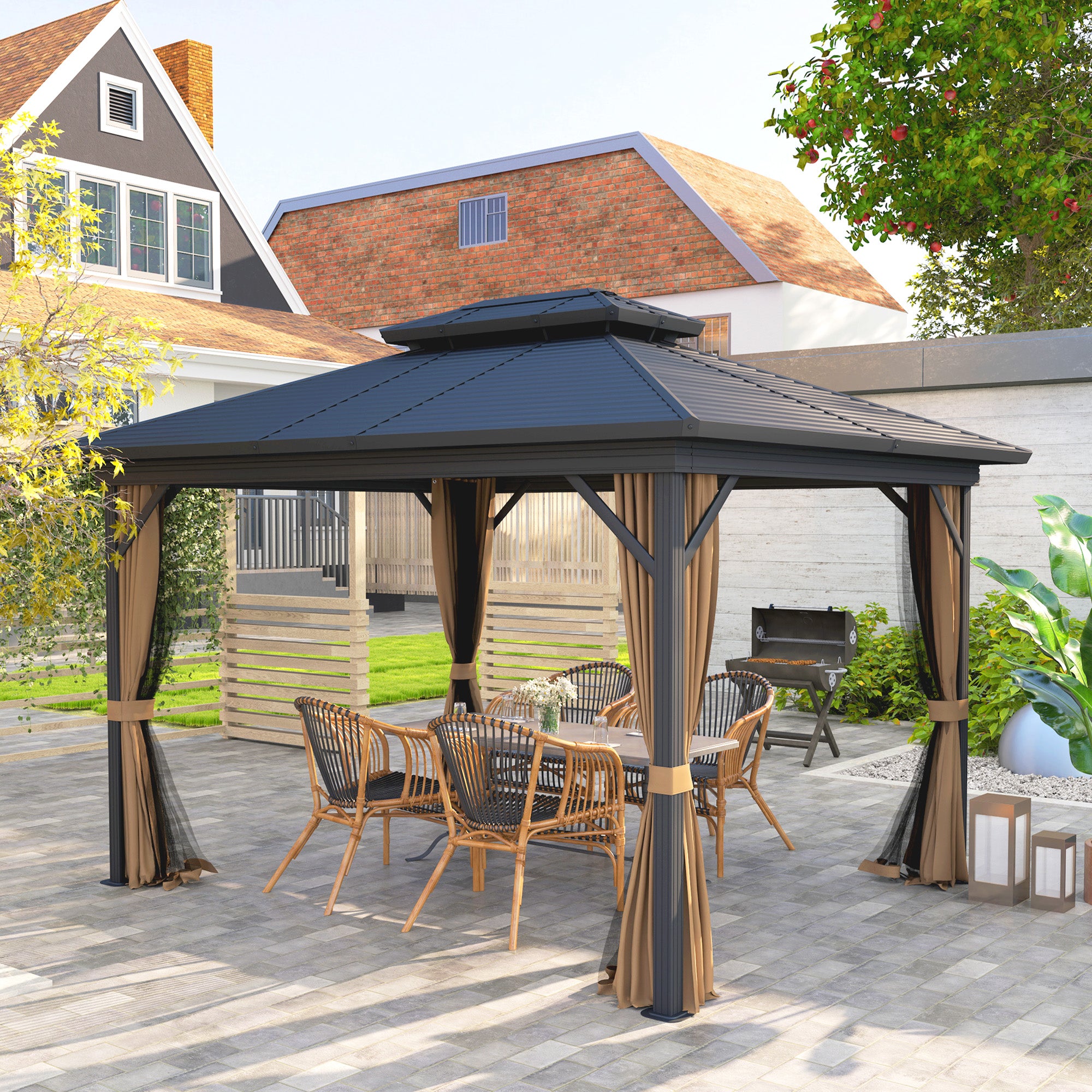 The Outsunny 10' x 12' Hardtop Patio Gazebo elegantly displayed in a backyard setting with comfortable seating and hanging curtains.