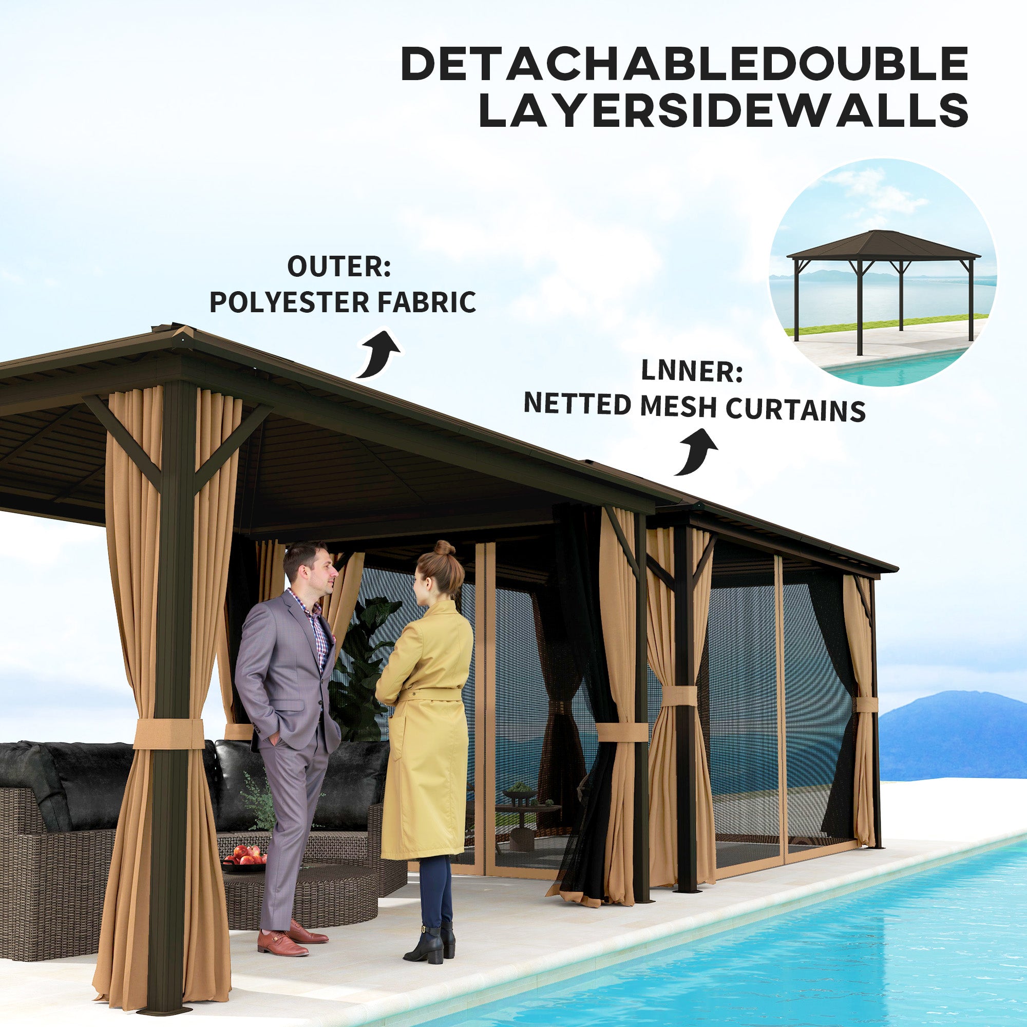 Detail of the Outsunny 10' x 12' Hardtop Gazebo with detachable double-layer sidewalls featuring outer polyester fabric and inner netted mesh curtains, perfect for comfort and privacy.