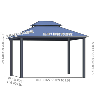 Dimensions illustration of Outsunny 10'X12' Hardtop Gazebo with Double Roof, showing measurements and structure details.