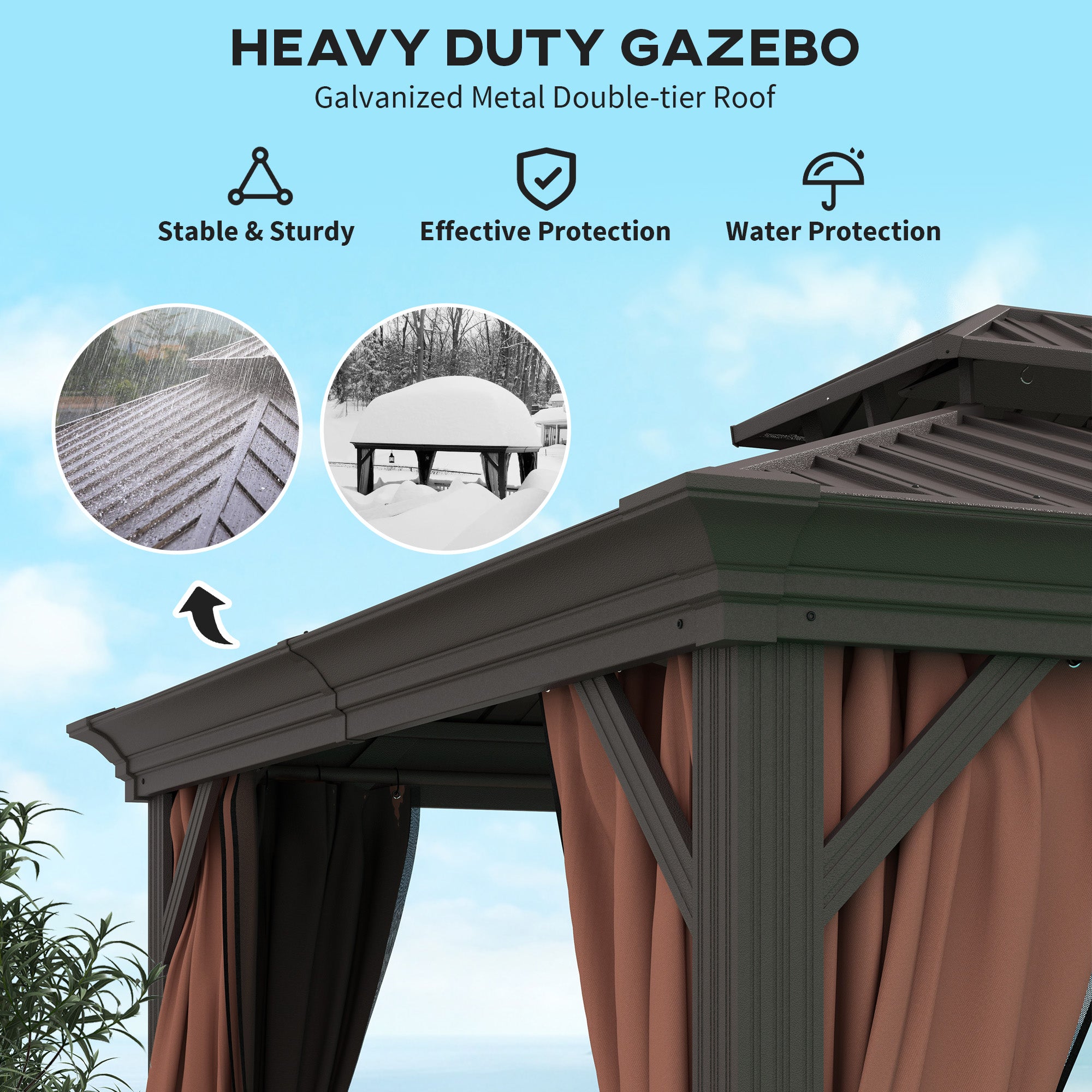 Heavy-duty Outsunny 10' x 12' Double-Tier Hardtop Gazebo showcasing its galvanized metal roof, emphasizing stability and protection from weather.