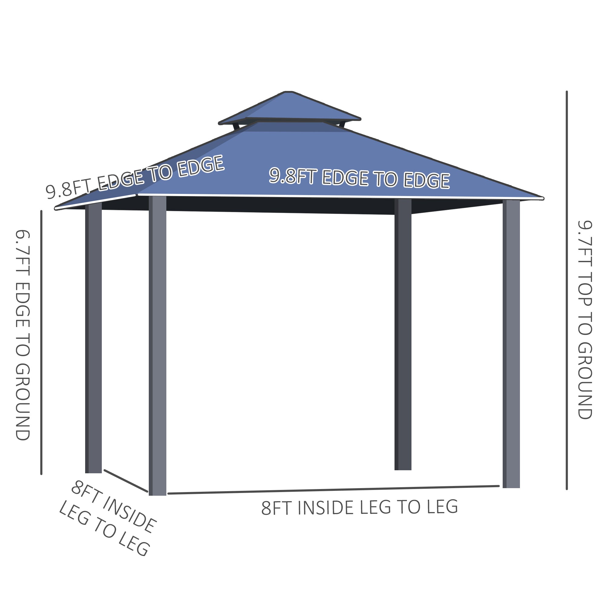 Dimensions of Outsunny 10'X10' Hardtop Aluminum Patio Gazebo with Double Tier Roof. Detailed illustration showing overall size and structure for outdoor use.