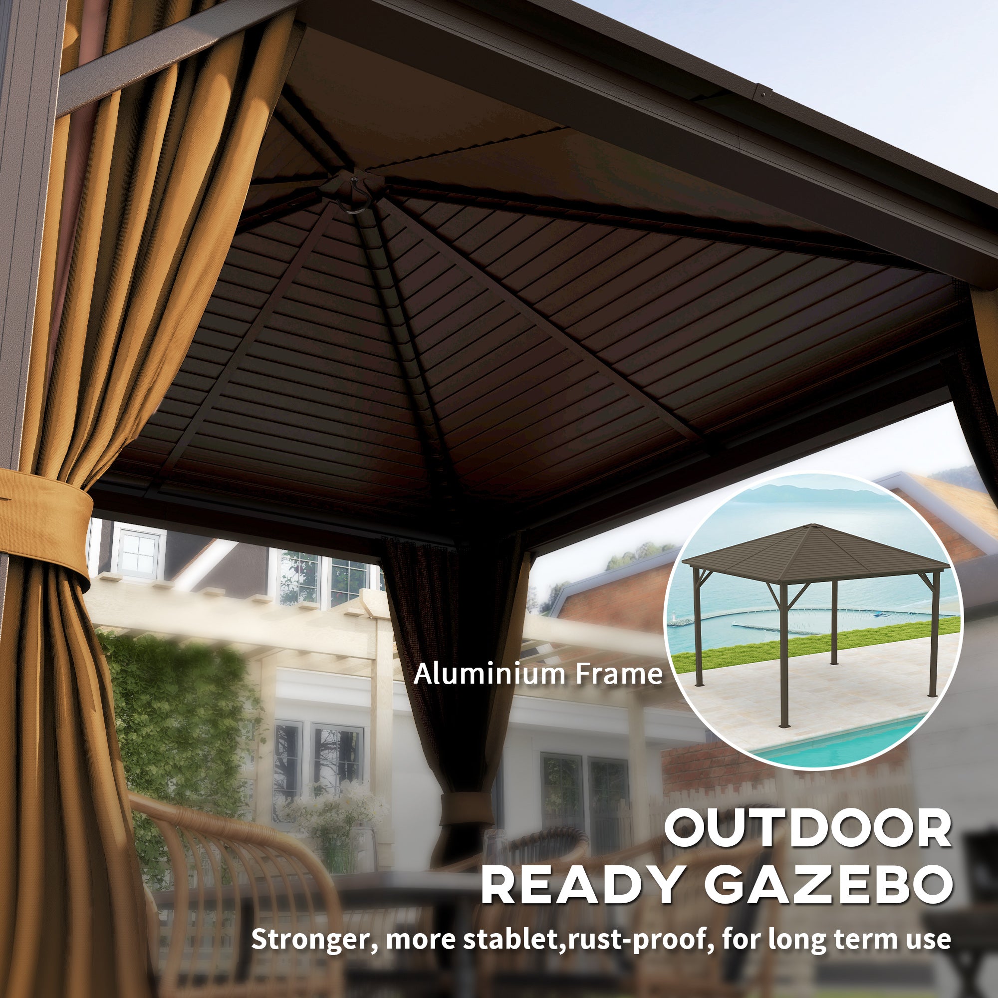 Close-up of the aluminum frame of the Outsunny 10' x 10' Hardtop Aluminum Gazebo, emphasizing durability, rust resistance, and stability for long-term outdoor use.