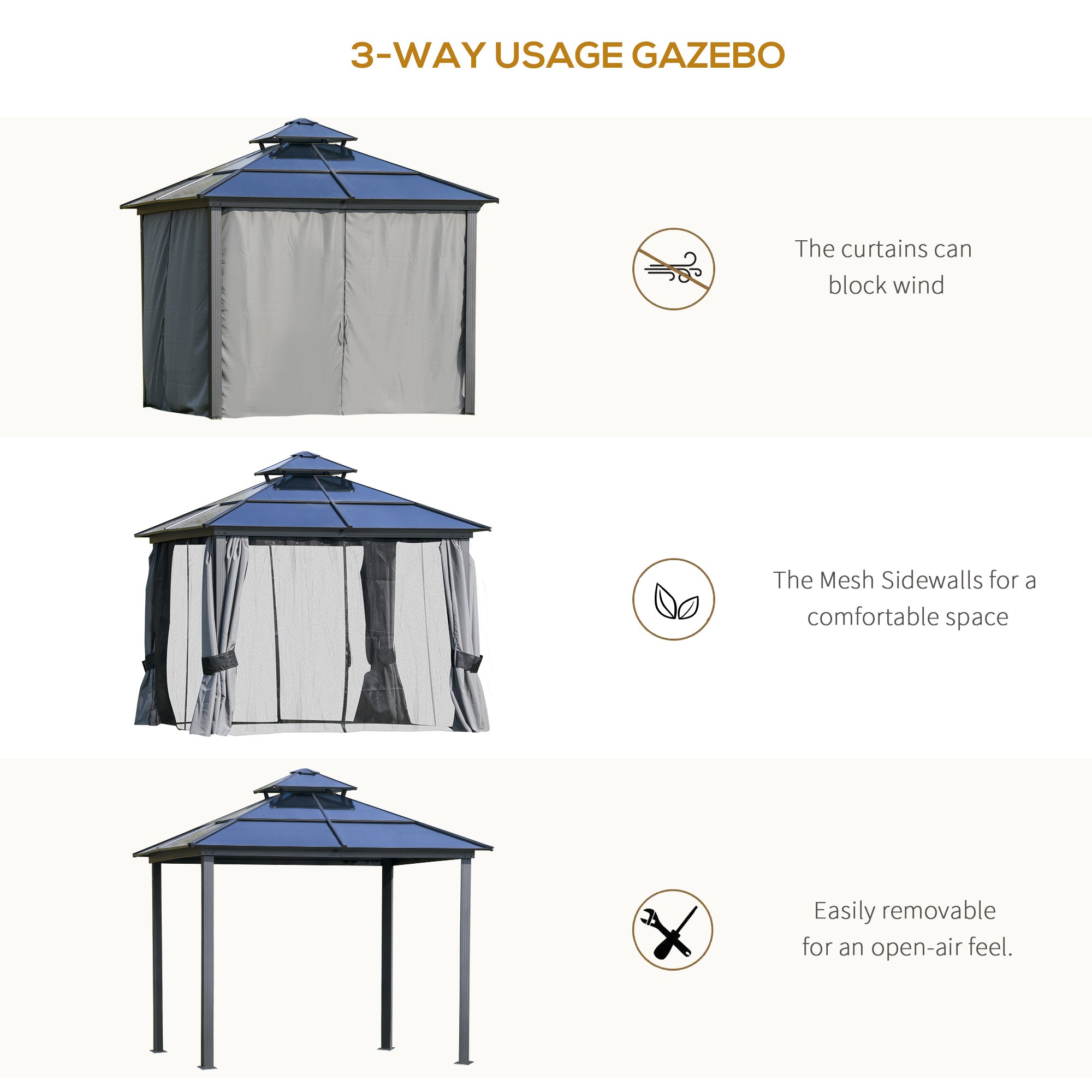 Different configurations of the Outsunny 10'X10' Hardtop Aluminum Patio Gazebo showing three-way usage with curtains, mesh sidewalls, and an open-air design.