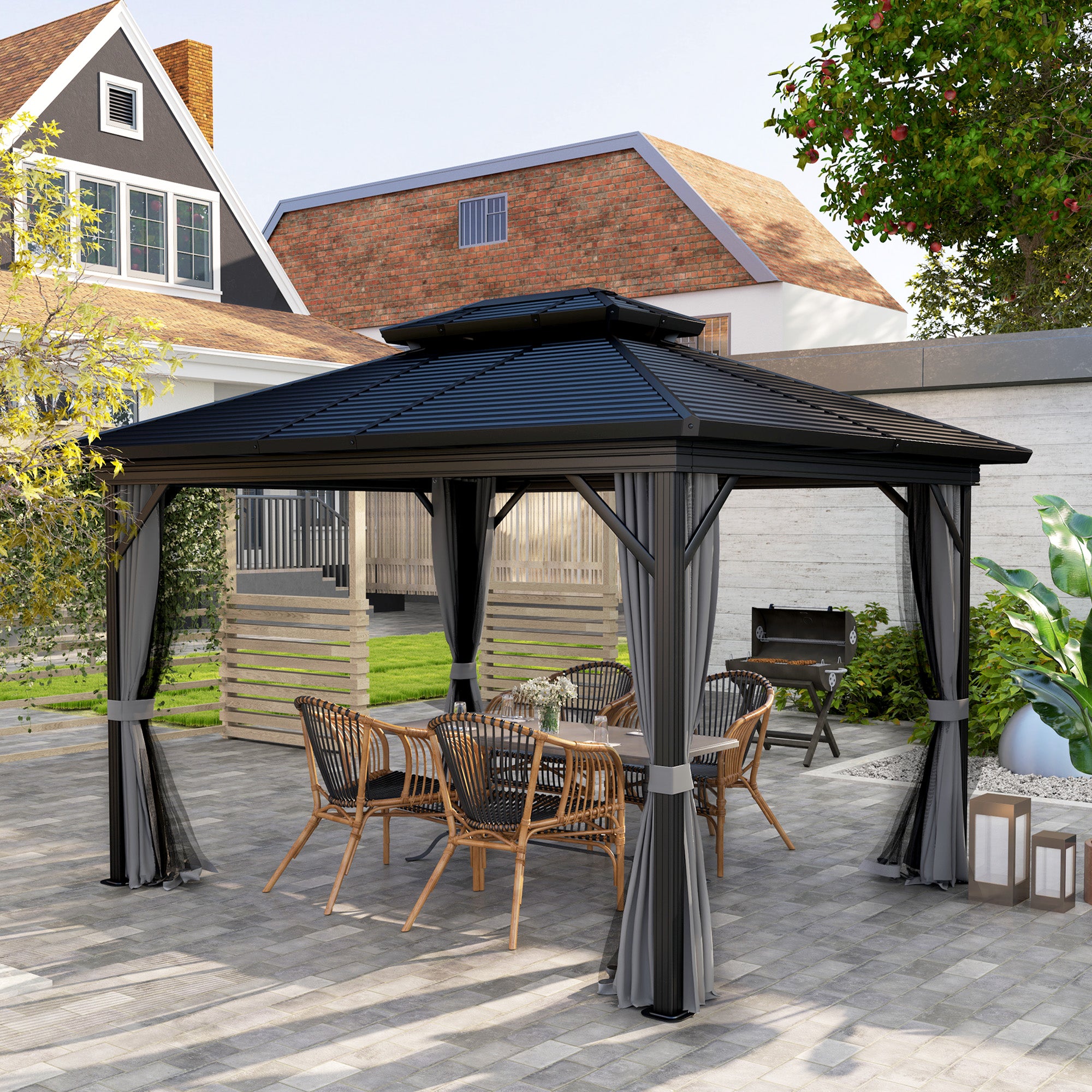 The Outsunny 10' x 12' Hardtop Gazebo set up in a stylish outdoor patio with elegant seating arrangements and a modern design.