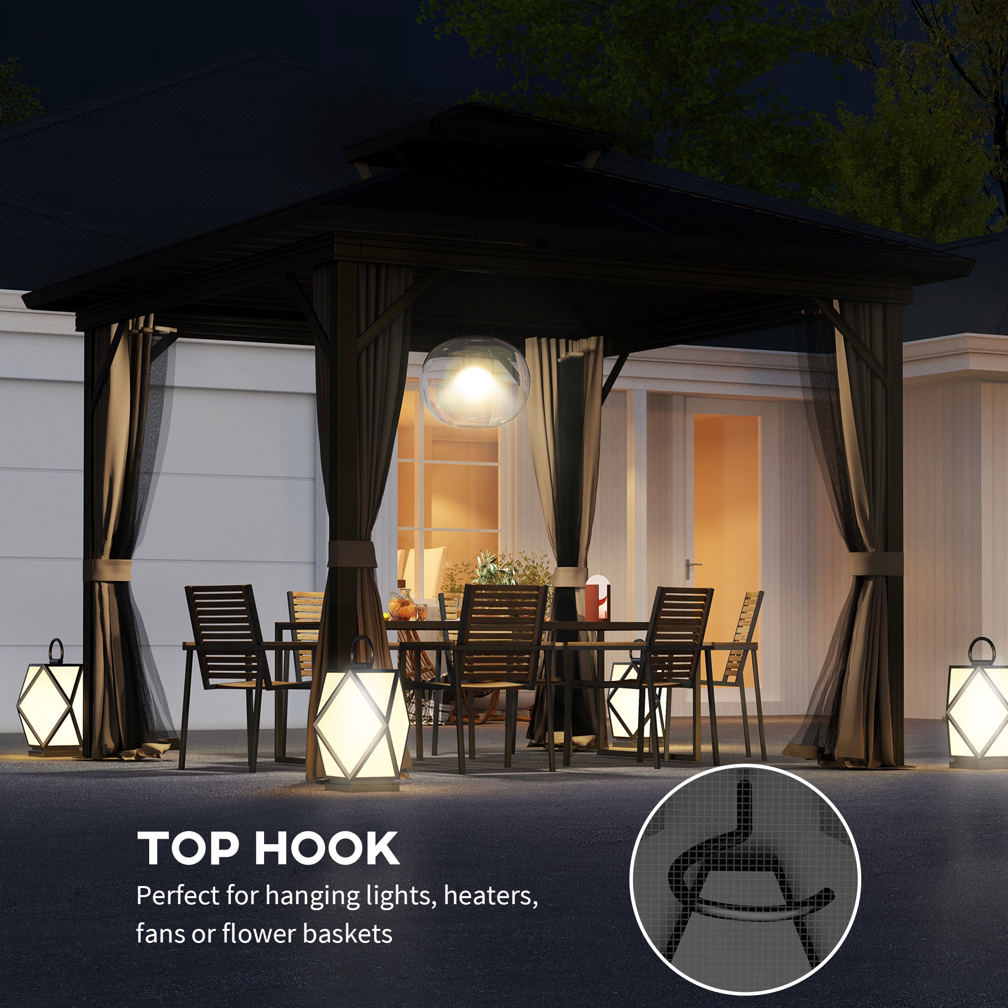 Outsunny 10' X 10' Hardtop Gazebo at night, equipped with hooks for hanging lights, creating a cozy outdoor dining atmosphere with modern lighting.