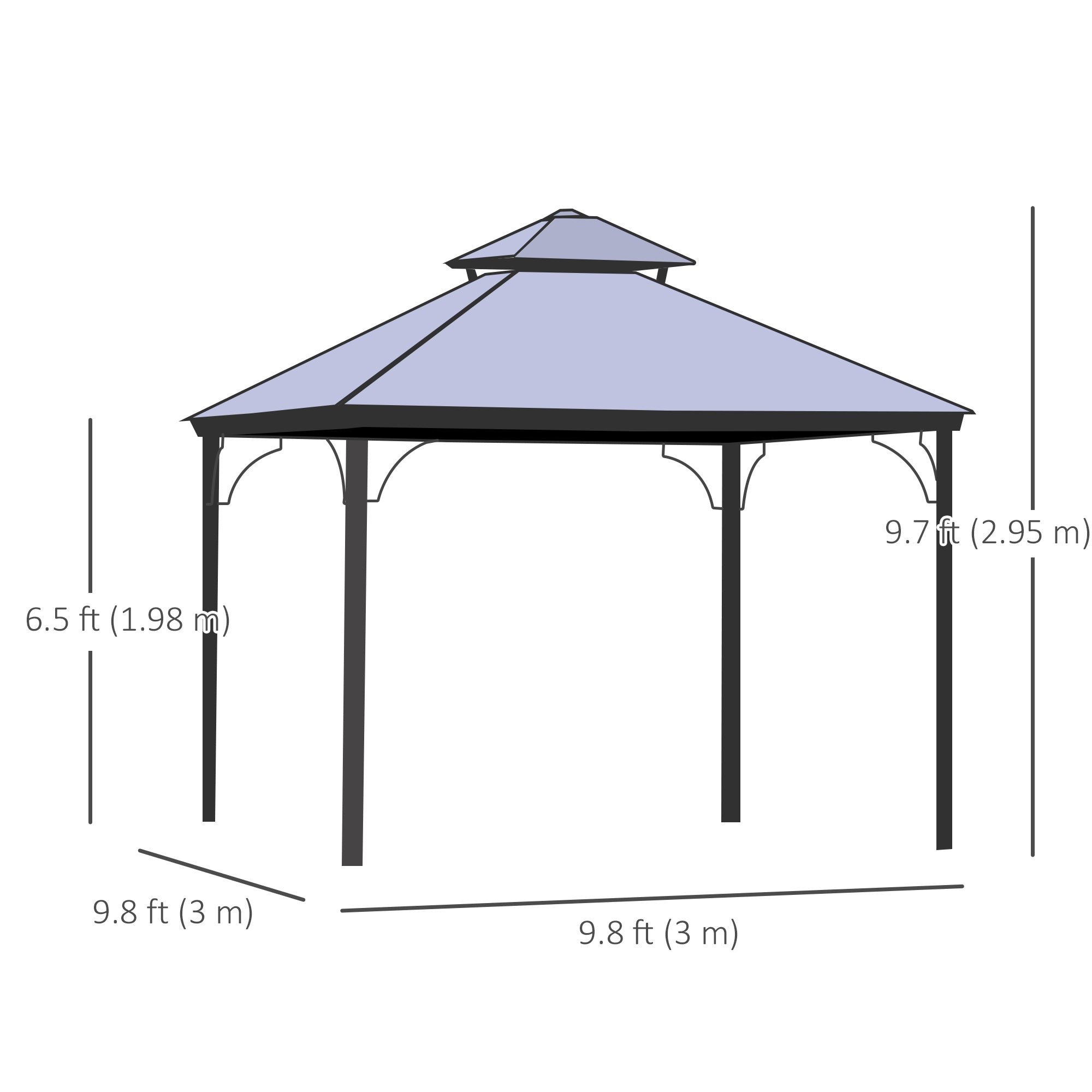 Dimensions of the Outsunny 10' x 10' Metal Hardtop Gazebo Canopy with detailed measurements, ideal for fitting in various outdoor settings.