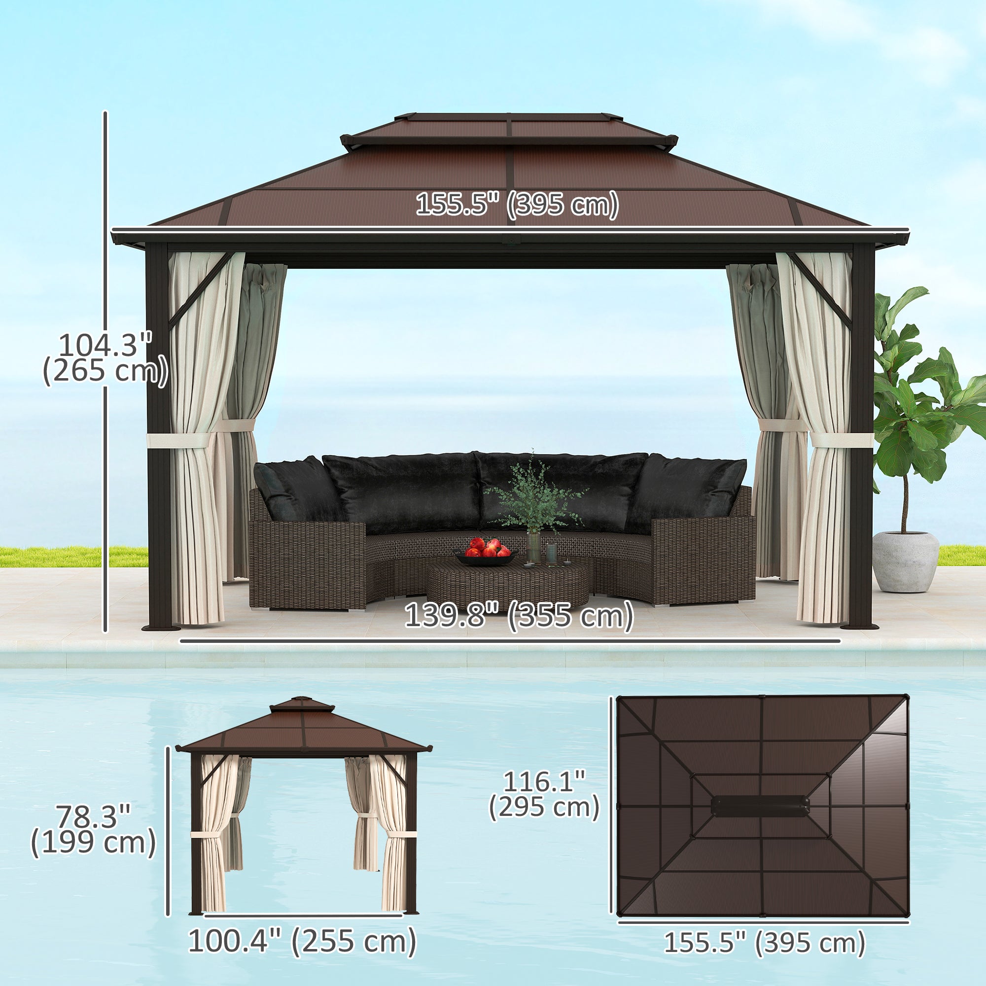 Dimensions of the Outsunny 10' x 13' Hardtop Gazebo Canopy displayed with seating area, showcasing generous space for gatherings.
