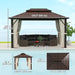 Dimensions of the Outsunny 10' x 13' Hardtop Gazebo Canopy displayed with seating area, showcasing generous space for gatherings.