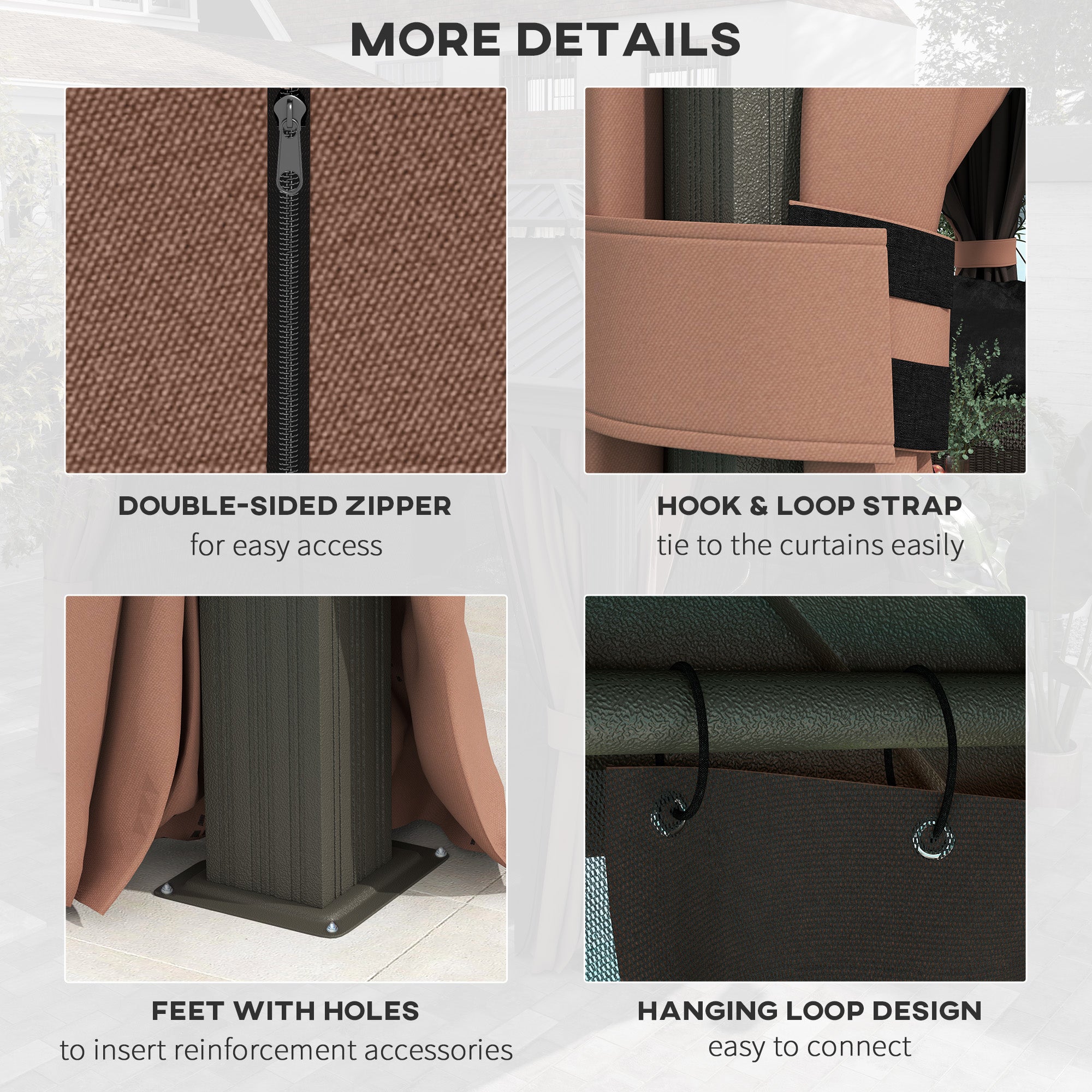 Detailed features of the Outsunny 10' x 12' Double-Tier Hardtop Gazebo including double-sided zippers, hook & loop straps, and reinforced feet for stability and easy access.
