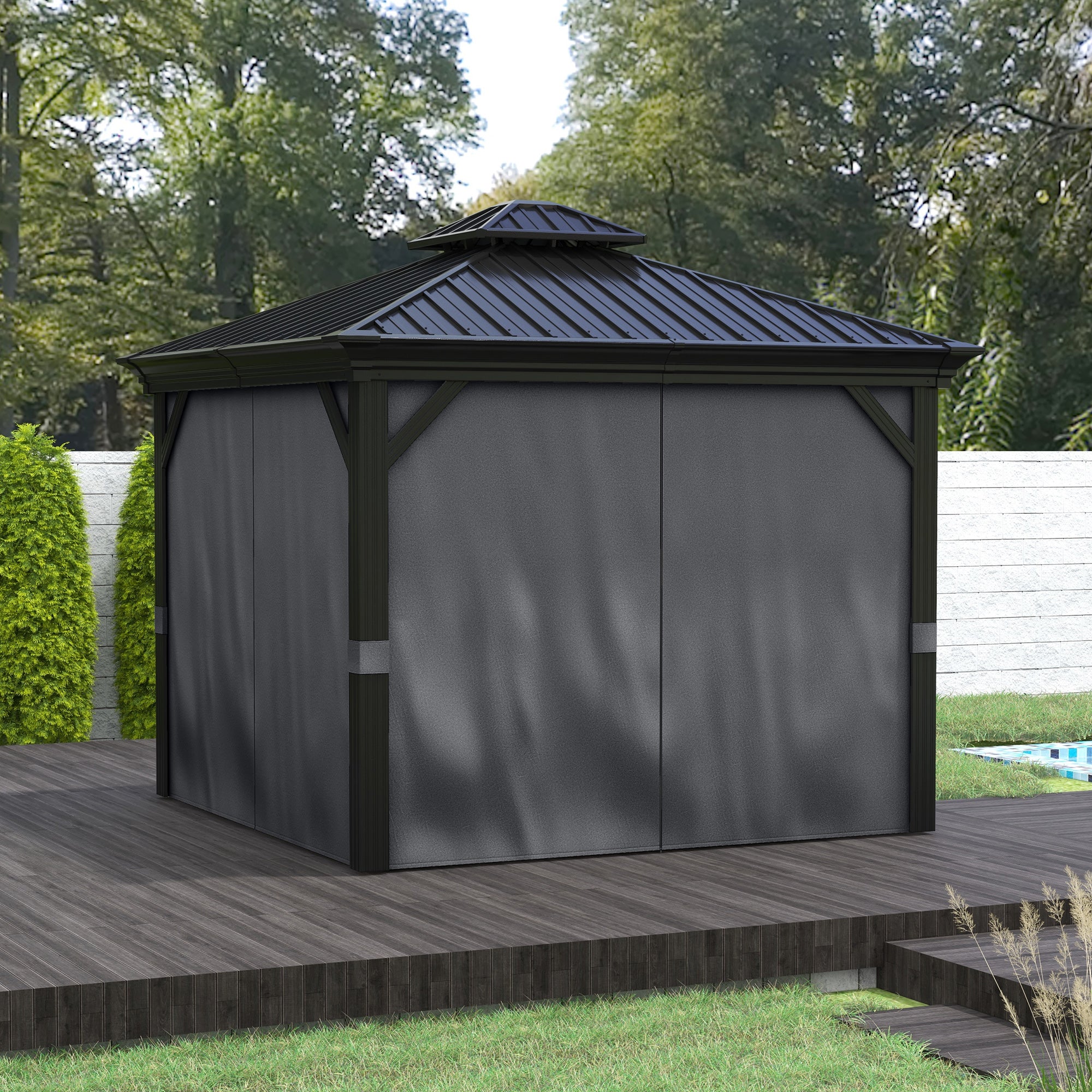 Outsunny 10' x 12' Hardtop Gazebo with Double-Tier Canopy showcased outdoors, featuring a strong steel frame and netting, perfect for outdoor events.