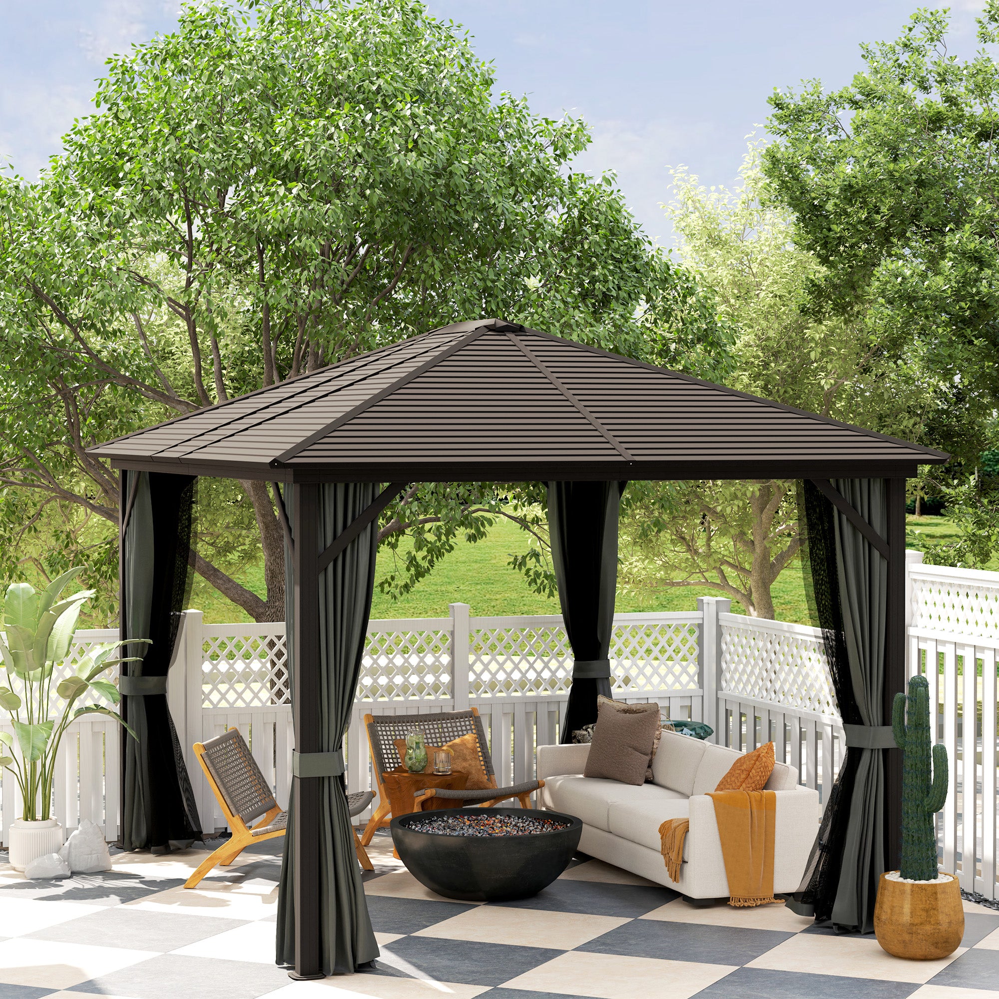 Beautiful view of the Outsunny 10' x 12' Hardtop Gazebo set up in an inviting outdoor space, complete with comfortable seating and surrounded by lush greenery.