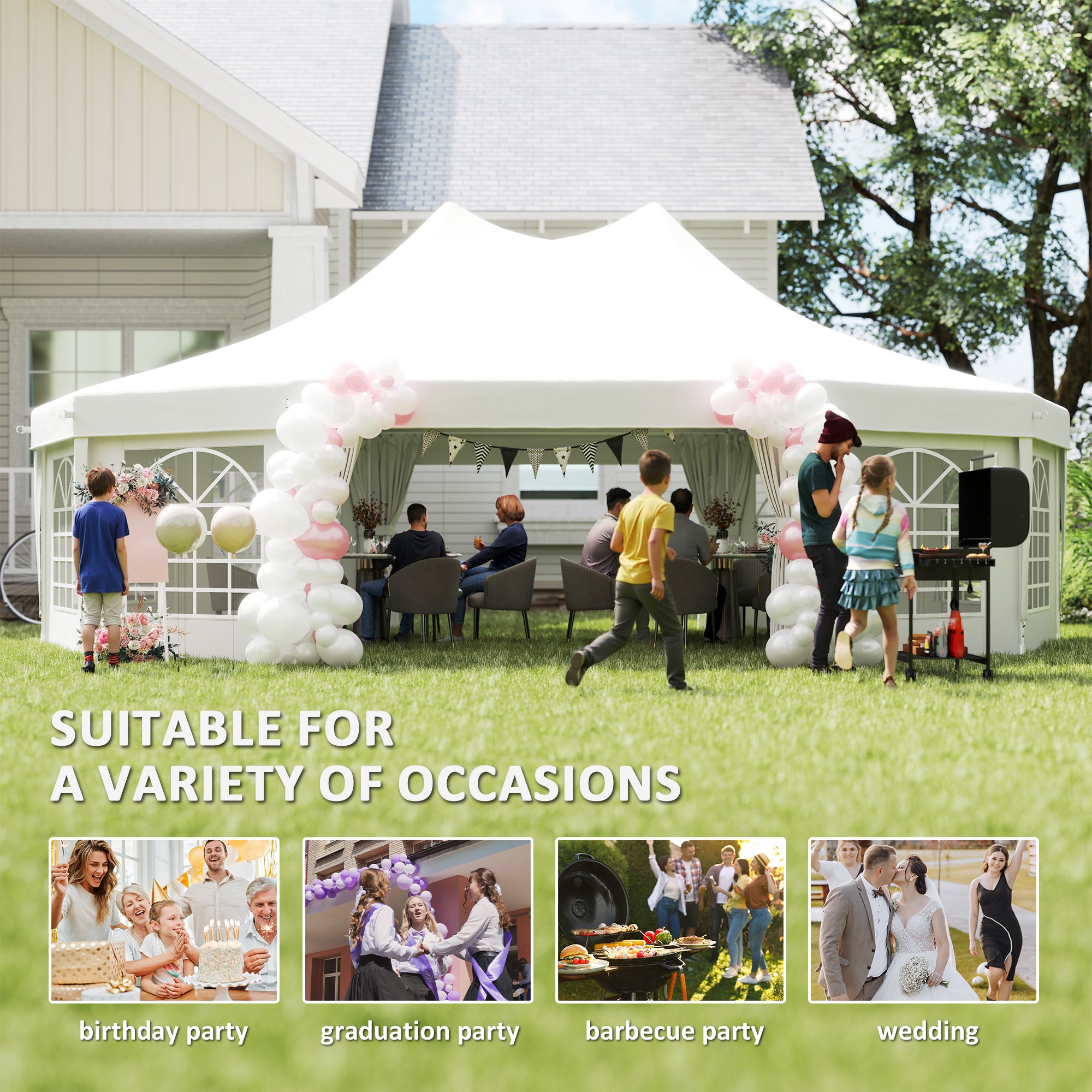 29.2x21.3Ft High Peak Decagonal Party Tent by Dream Yard Oasis™ set up for various occasions like birthdays, graduations, barbecues, and weddings, featuring decorative elements and guests enjoying the space.