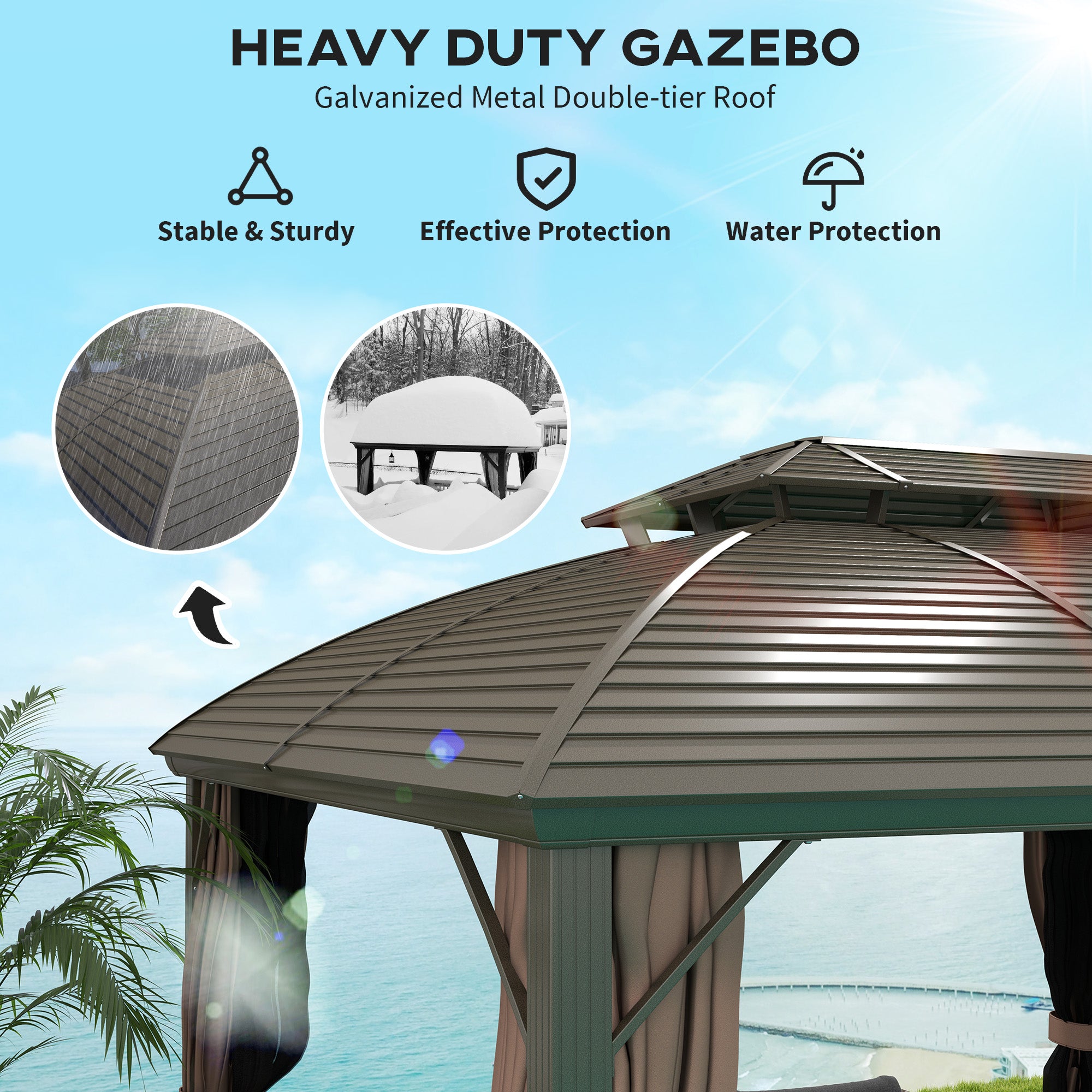 Highlighting the heavy-duty galvanized metal double-tier roof of the Outsunny 10' x 12' Hardtop Patio Gazebo for stability and protection.