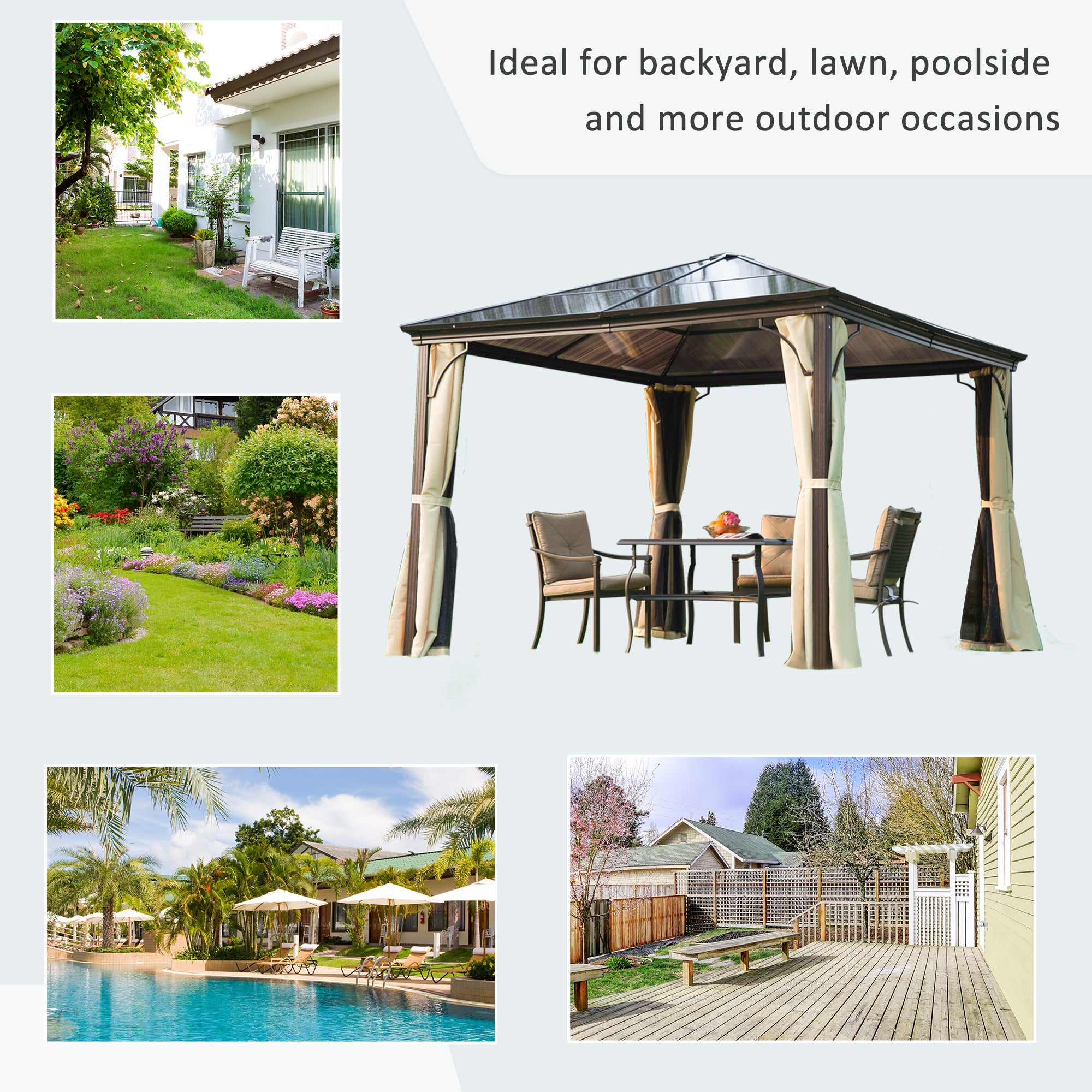 Outsunny 10X10 Ft Hard Top Gazebo Canopy ideal for various outdoor occasions, including backyard gatherings, lawns, and poolside relaxation, surrounded by beautiful landscaping.