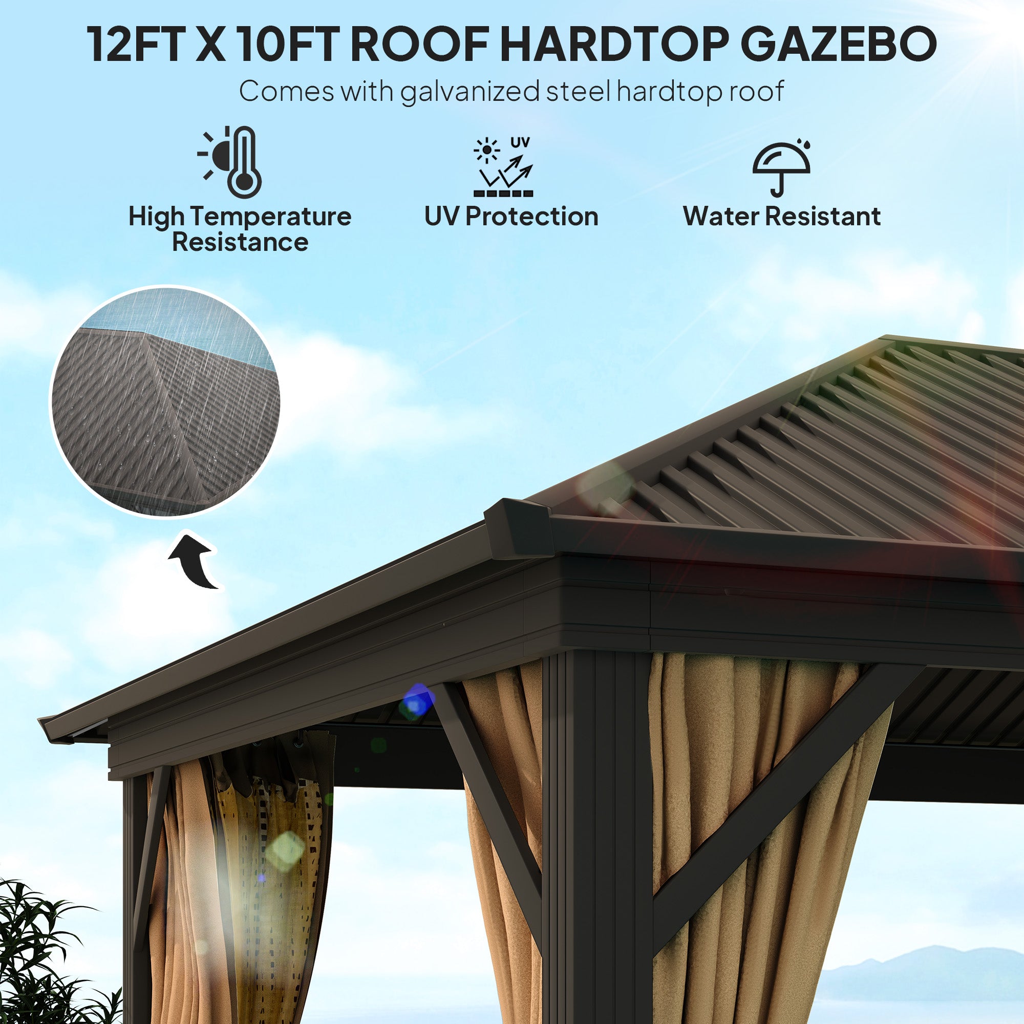 Outsunny 10' x 12' Hardtop Gazebo with Aluminum Frame, Steel Roof & Mesh Netting by Dream Yard Oasis, highlighting the galvanized steel roof features like high temperature resistance and UV protection.