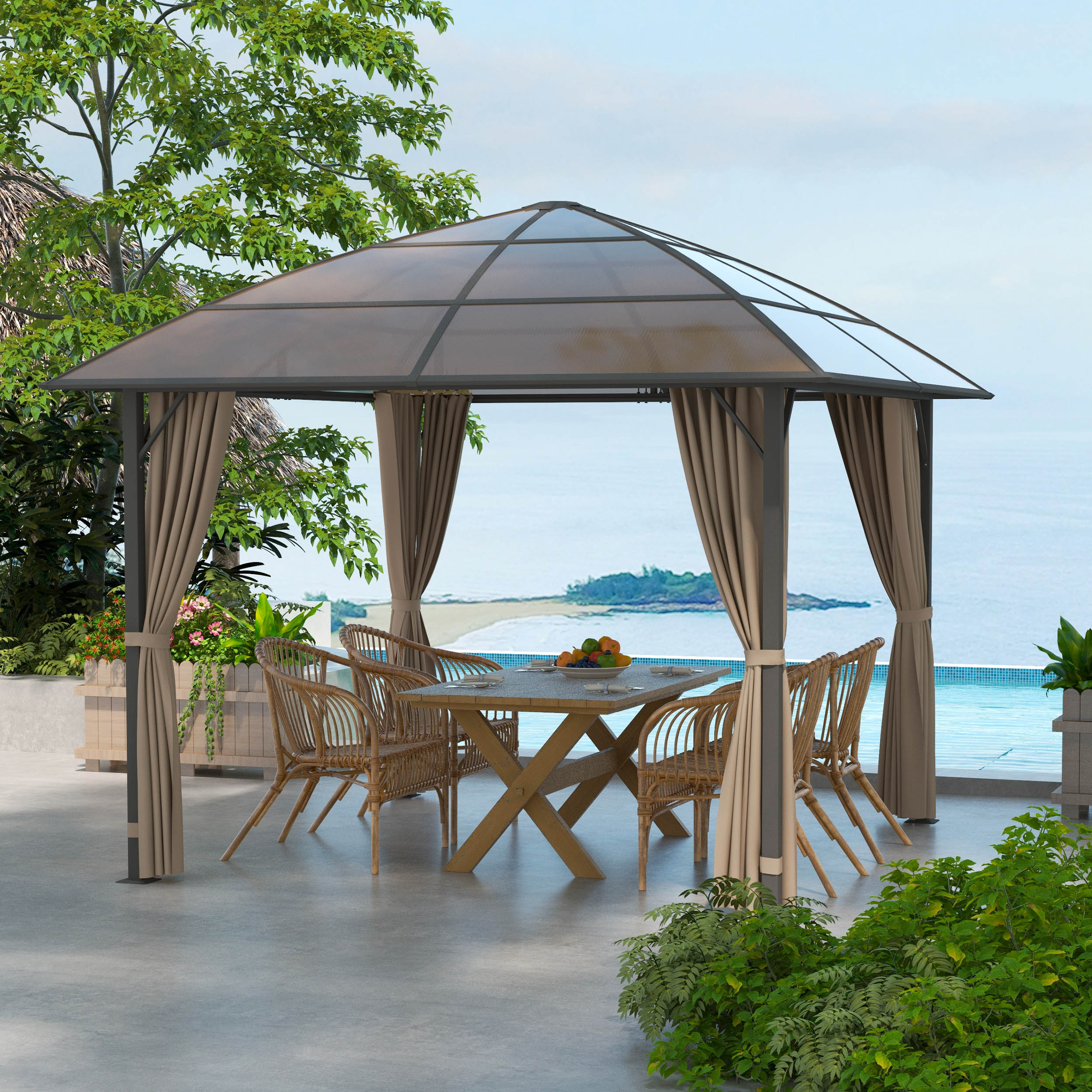 Outsunny 10' X 10' Hardtop Gazebo elegantly set up in a beautiful outdoor space with a dining table, perfect for socializing and enjoying nature.