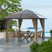 Outsunny 10' X 10' Hardtop Gazebo elegantly set up in a beautiful outdoor space with a dining table, perfect for socializing and enjoying nature.