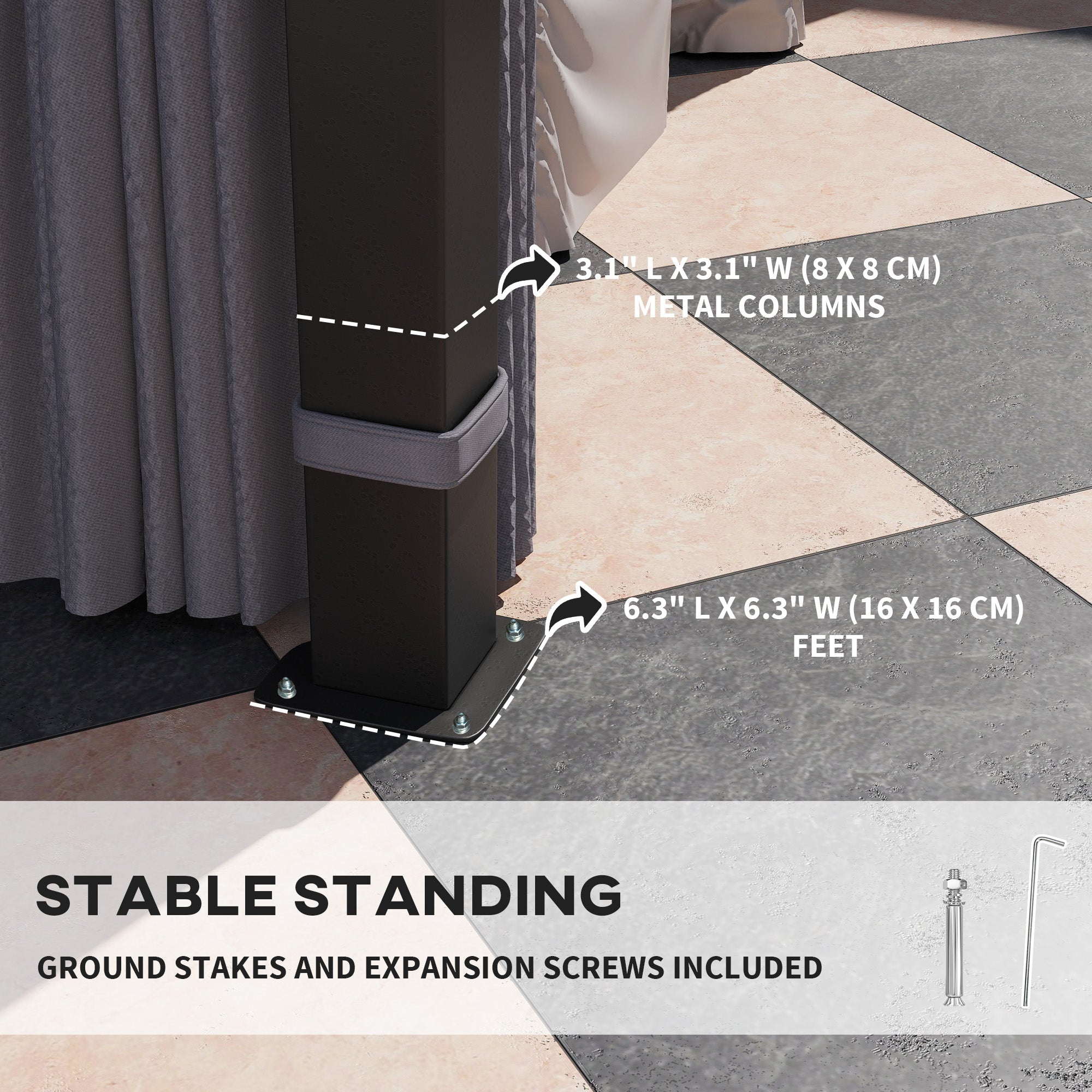 Stable base of Outsunny 10' x 10' Hardtop Gazebo illustrating the heavy-duty metal columns and footings designed for strong stability.