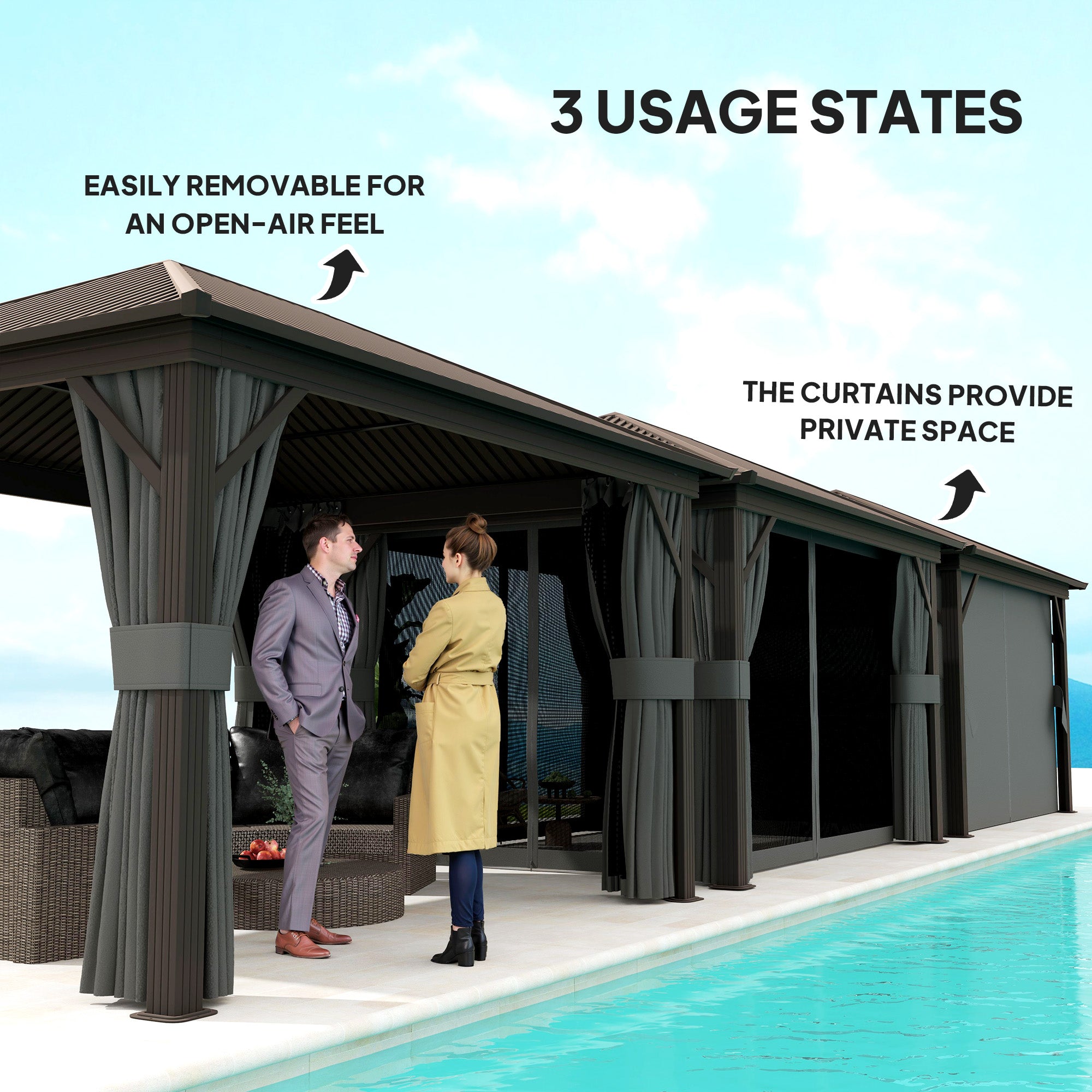 A couple enjoying the Outsunny 10' x 12' Hardtop Gazebo, demonstrating its three usage states with removable curtains for an open-air feel and private space.