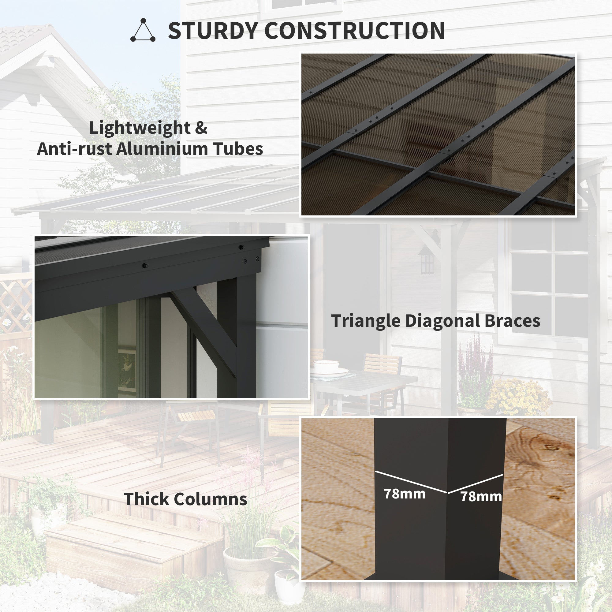 Close-up of the sturdy construction features of the Outsunny 10' x 14' Waterproof Hardtop Gazebo, including lightweight aluminum tubes and thick columns for enhanced durability.