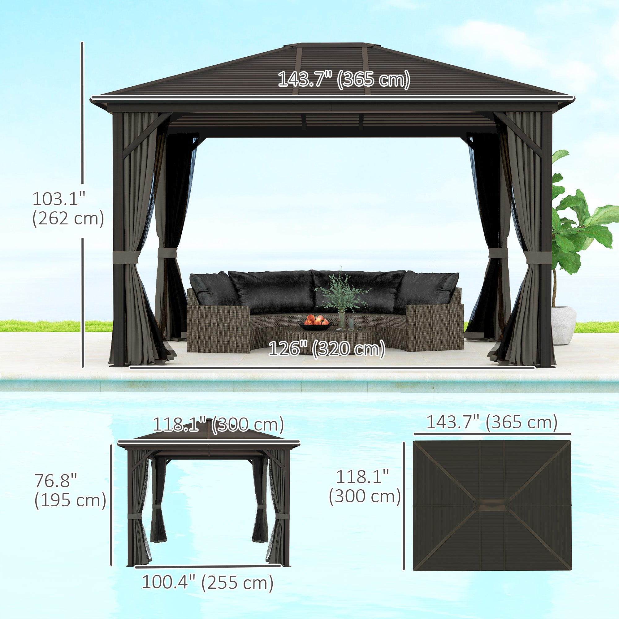 Dimensions and features of the Outsunny 10' x 12' Hardtop Gazebo, showcasing a spacious design ideal for backyard relaxation and entertainment.
