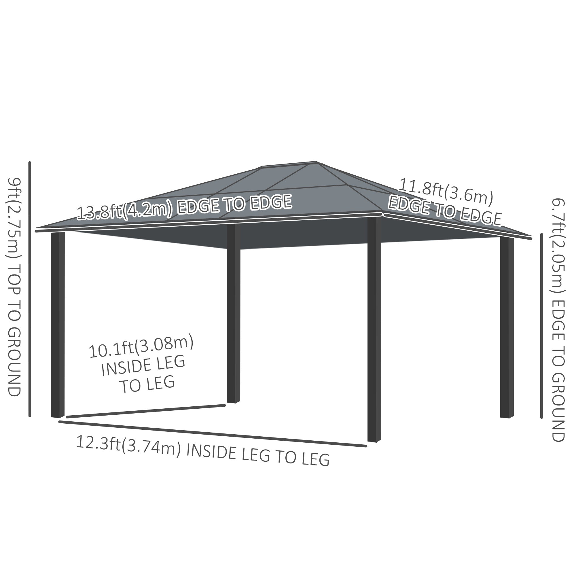 Dimensions of the Outsunny 14'x12' Aluminum Patio Gazebo Canopy, showcasing edge-to-edge measurements for functional setup.