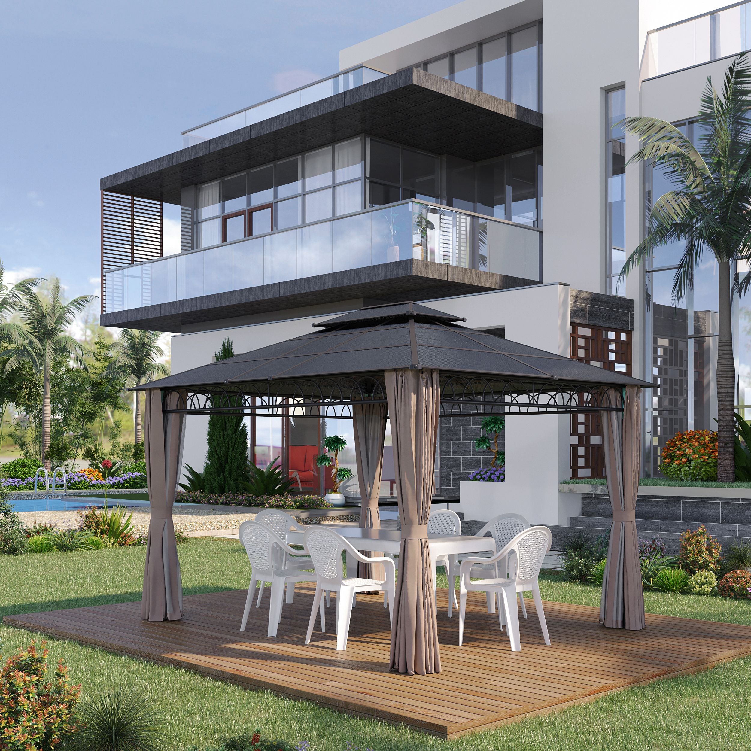 The Outsunny 12' x 10' Double Roof Hardtop Gazebo set up in a stylish outdoor space with white chairs and table, surrounded by greenery near a modern house.