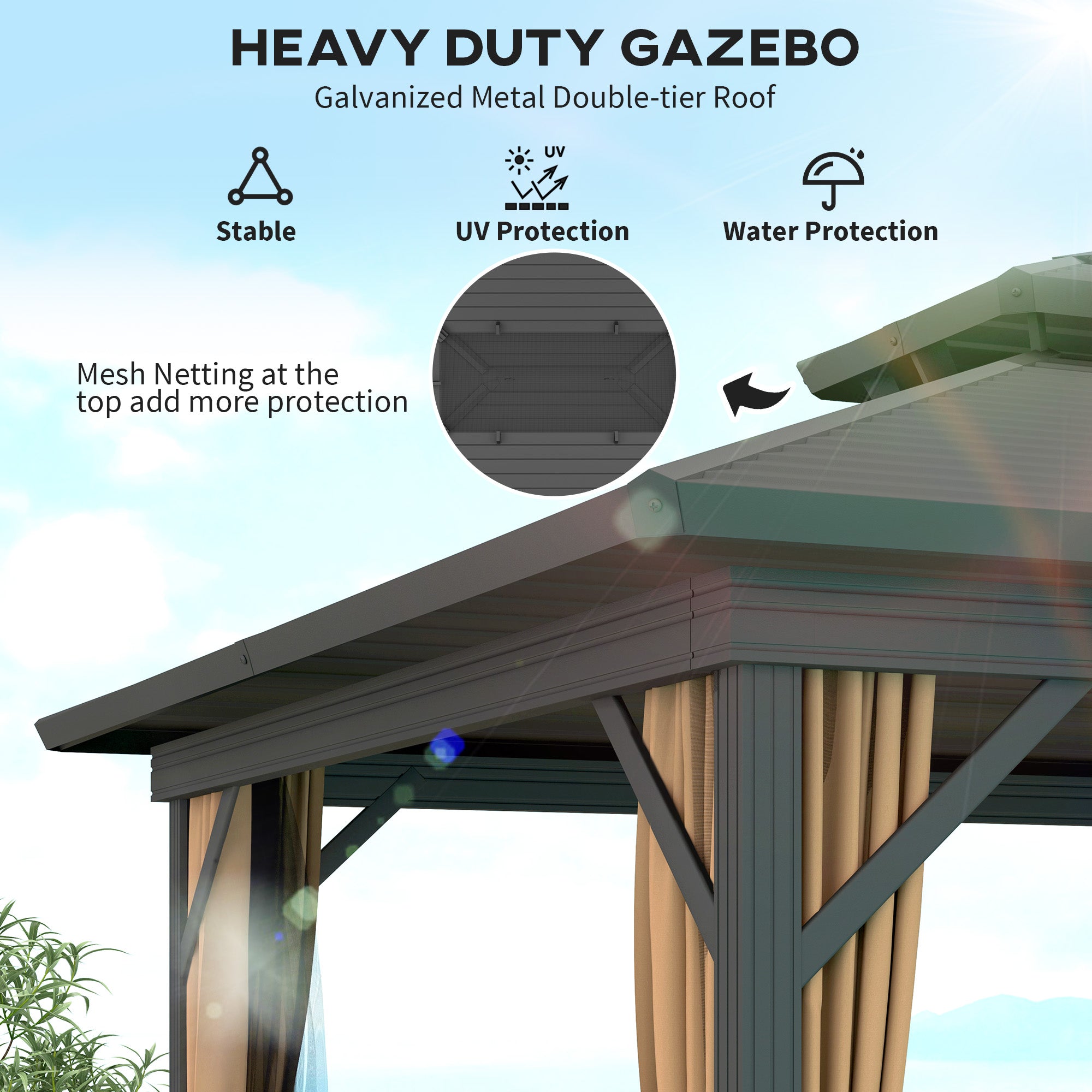 Detail view of the Outsunny 10' x 12' Hardtop Patio Gazebo highlighting the galvanized metal double-tier roof, UV and water protection features, and mesh netting for added comfort.