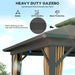 Detail view of the Outsunny 10' x 12' Hardtop Patio Gazebo highlighting the galvanized metal double-tier roof, UV and water protection features, and mesh netting for added comfort.
