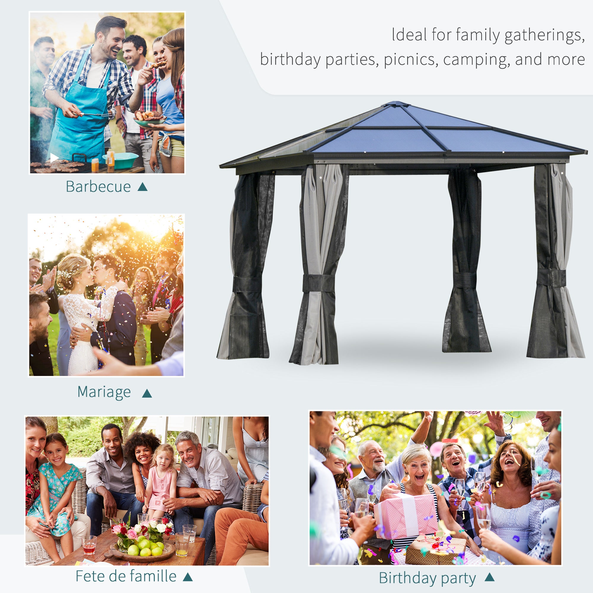Outsunny 10' X 10' Heavy Duty Aluminum Hardtop Gazebo ideal for family gatherings, birthday parties, and picnics, accompanied by joyful people enjoying outdoor activities.
