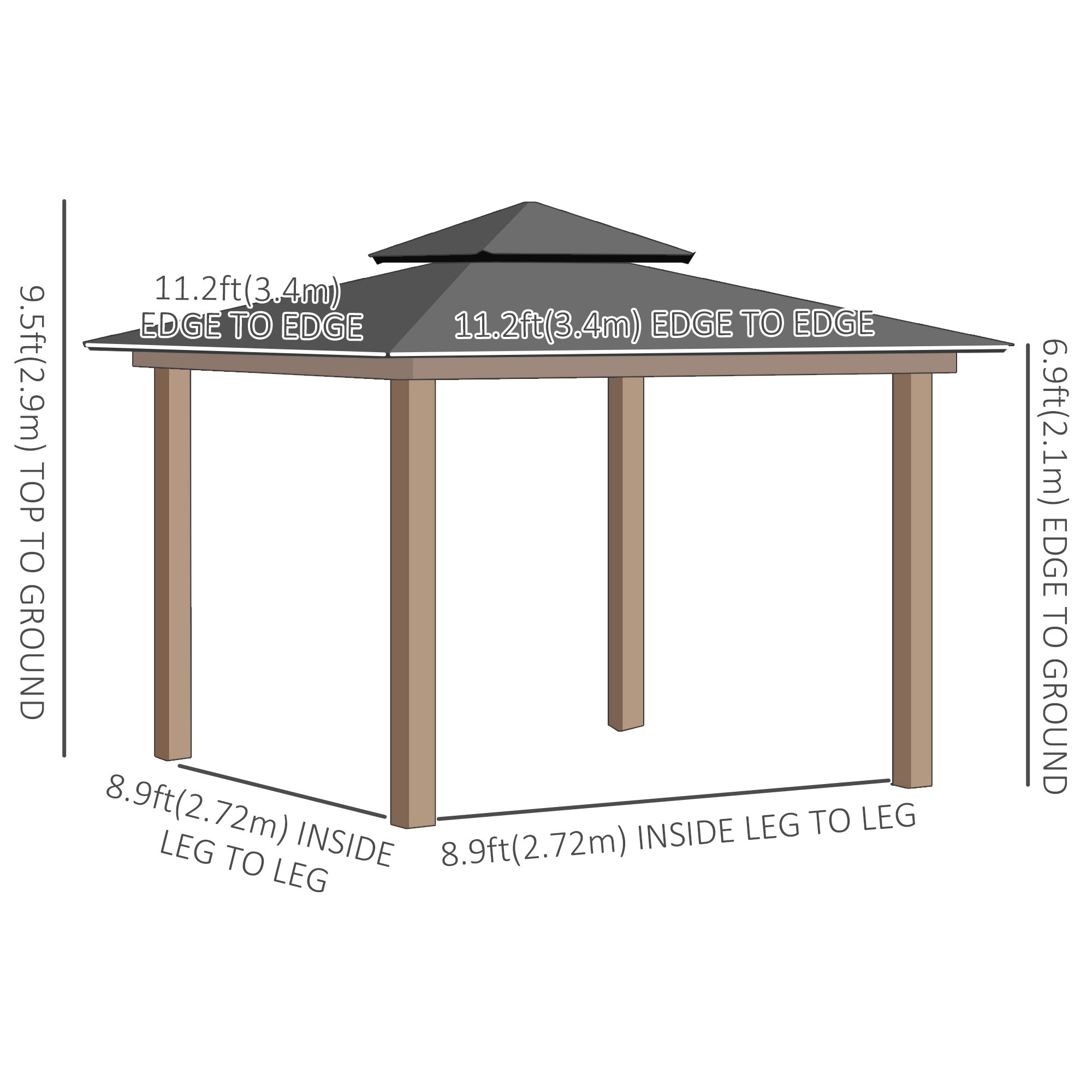 Dimensions of the Outsunny 11' x 11' Wood Frame Hardtop Gazebo, highlighting its height, width, and spacious interior for gatherings.