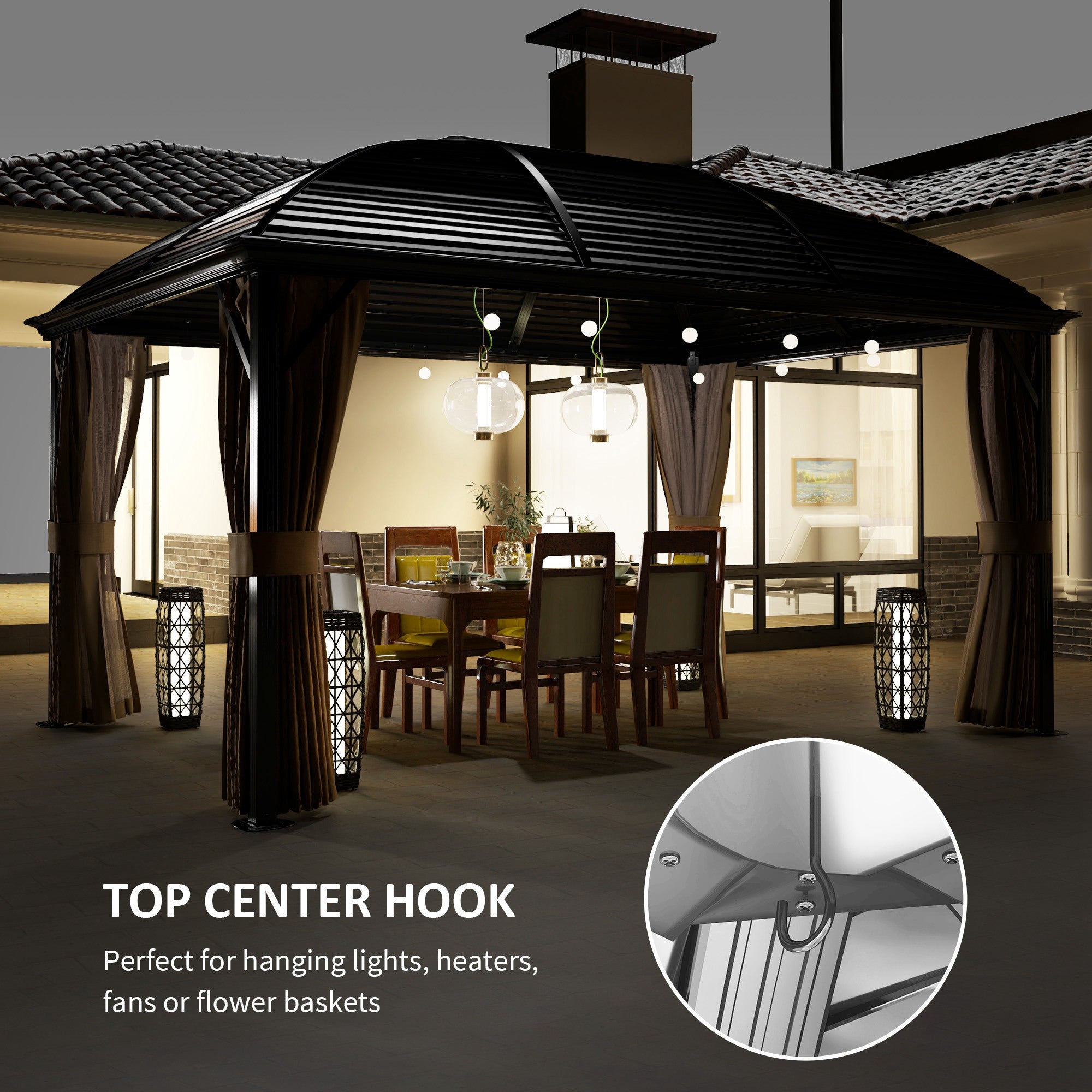 Outsunny 10' x 13' Hardtop Aluminum Gazebo with top center hook shown, ideal for hanging outdoor lights or heaters, enhancing your outdoor space.