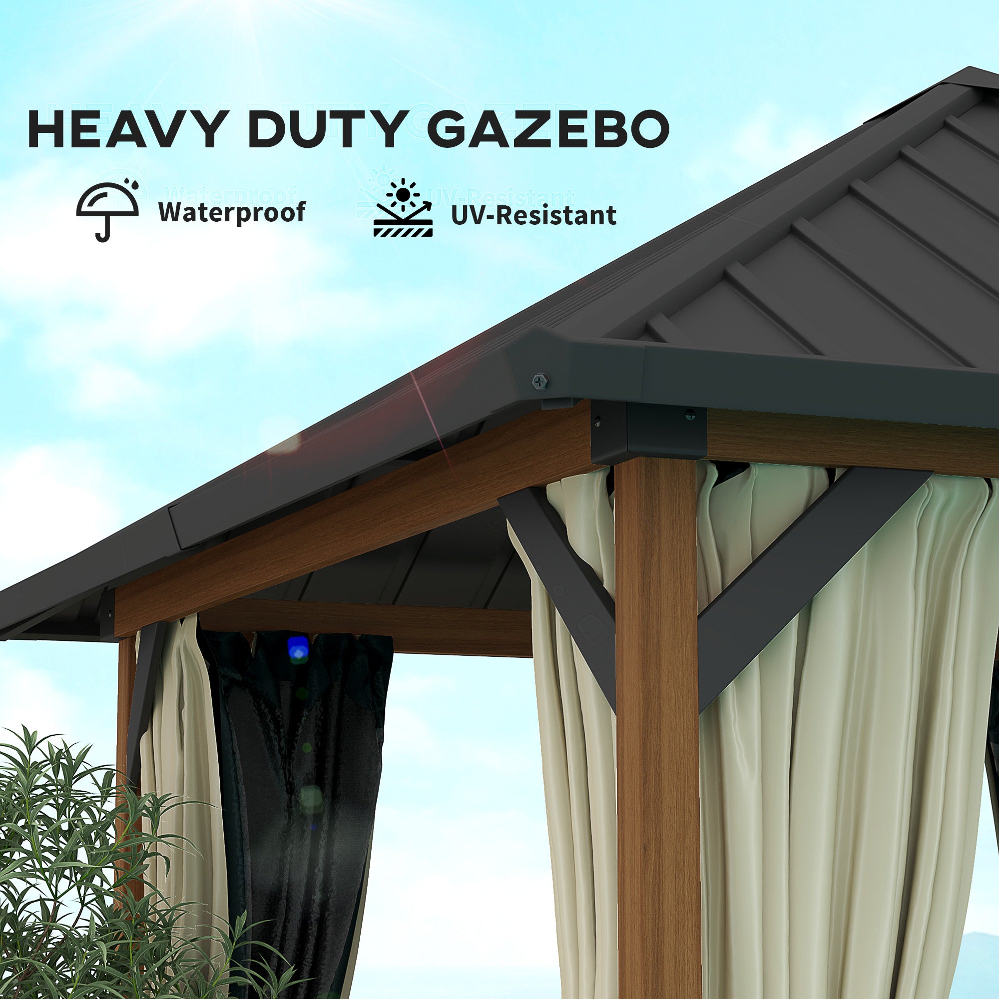 Close-up of the Outsunny 10' x 10' Waterproof Hardtop Metal Gazebo showing its waterproof and UV-resistant features.