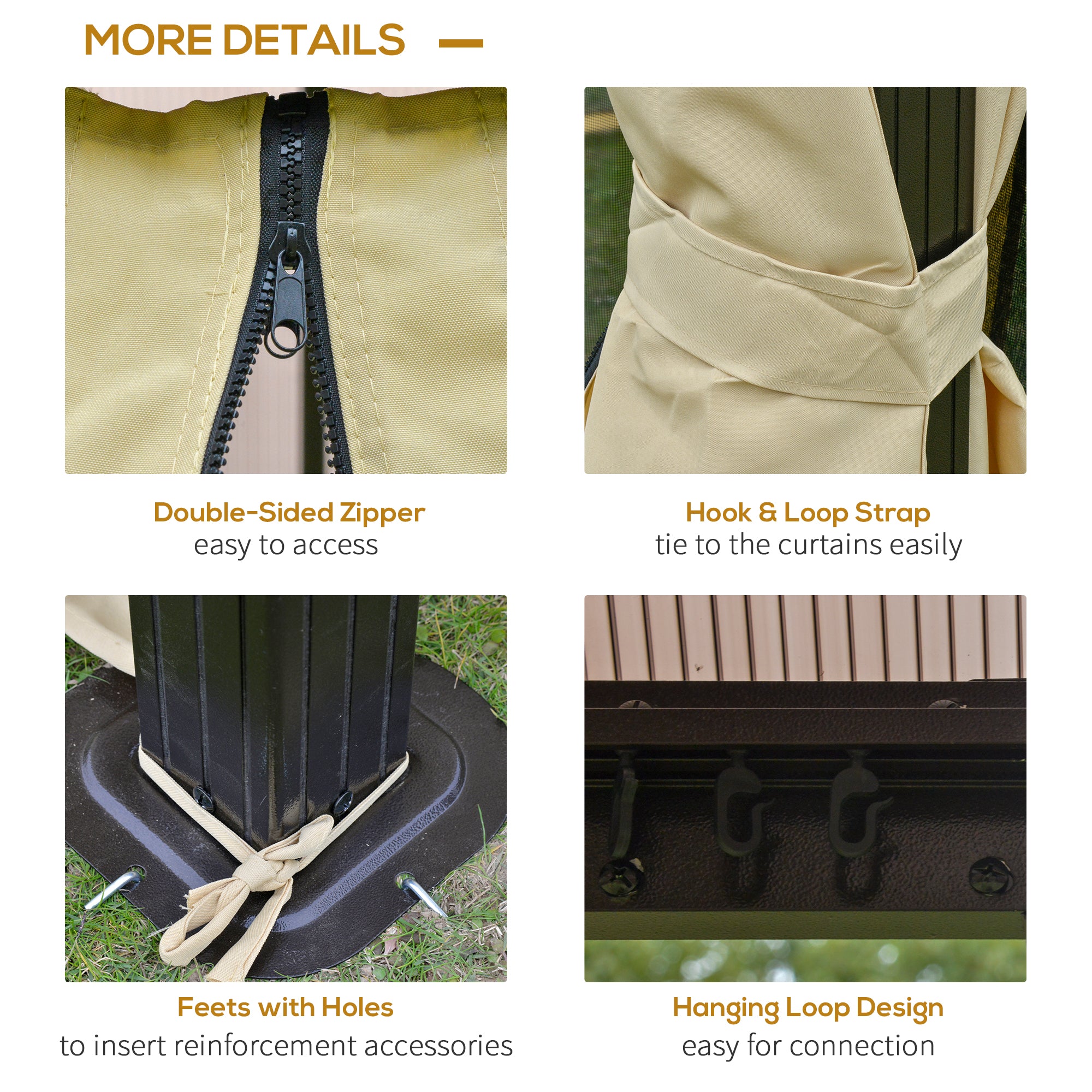 Detailed view of the Outsunny 10' x 10' Metal Hardtop Gazebo Canopy features, showing double-sided zipper, hook & loop strap, and reinforced feet design for stability.