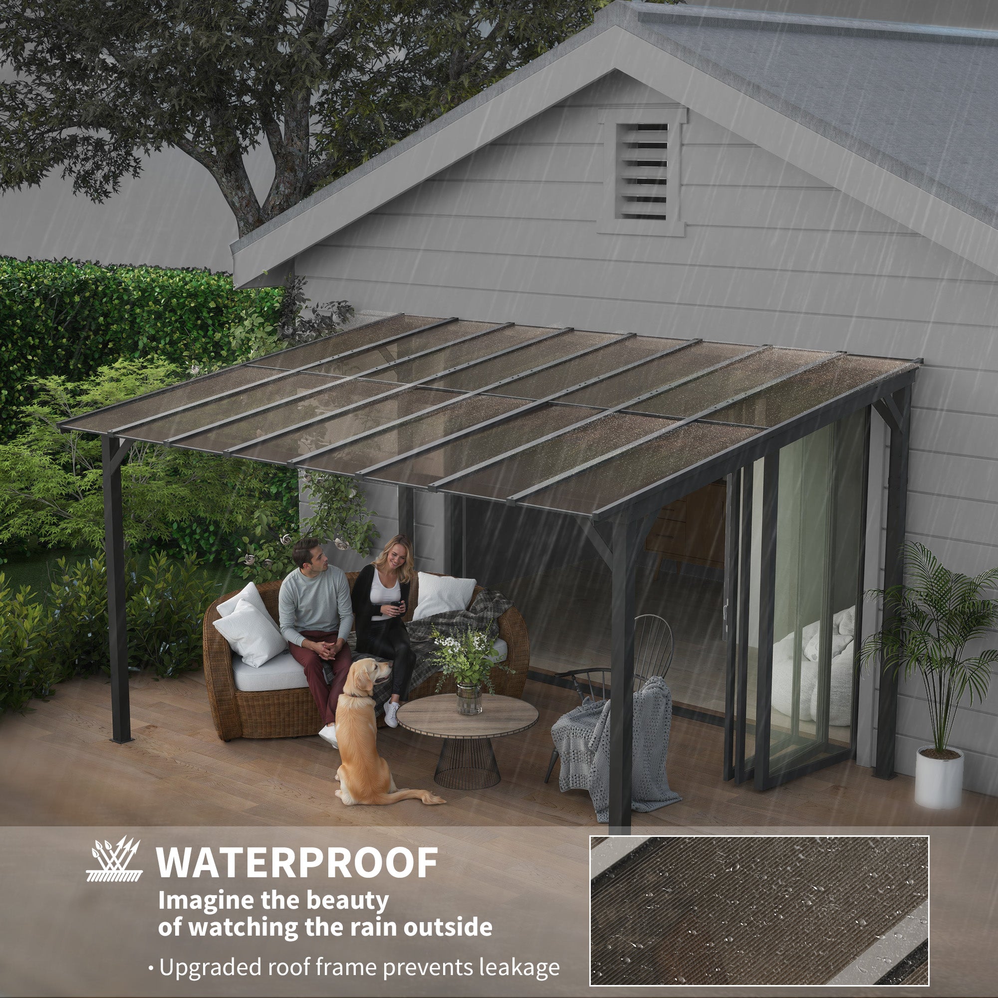 Couple enjoying time under the Outsunny 10' x 14' Waterproof Hardtop Gazebo while it rains, emphasizing its waterproof features.