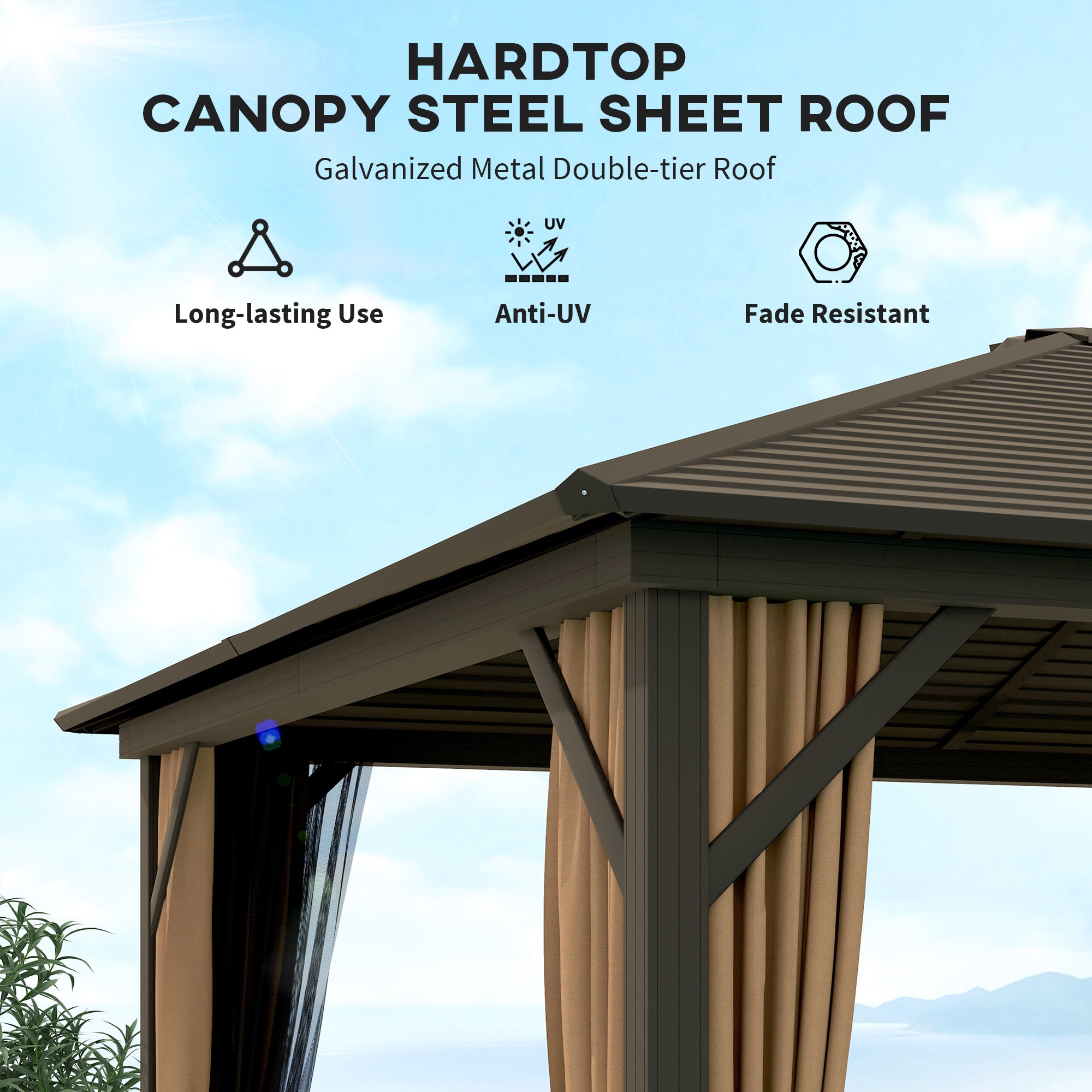 Close-up of the hardtop roof of the Outsunny 10' x 12' Hardtop Gazebo, made of galvanized metal, emphasizing its long-lasting use and UV protection features.