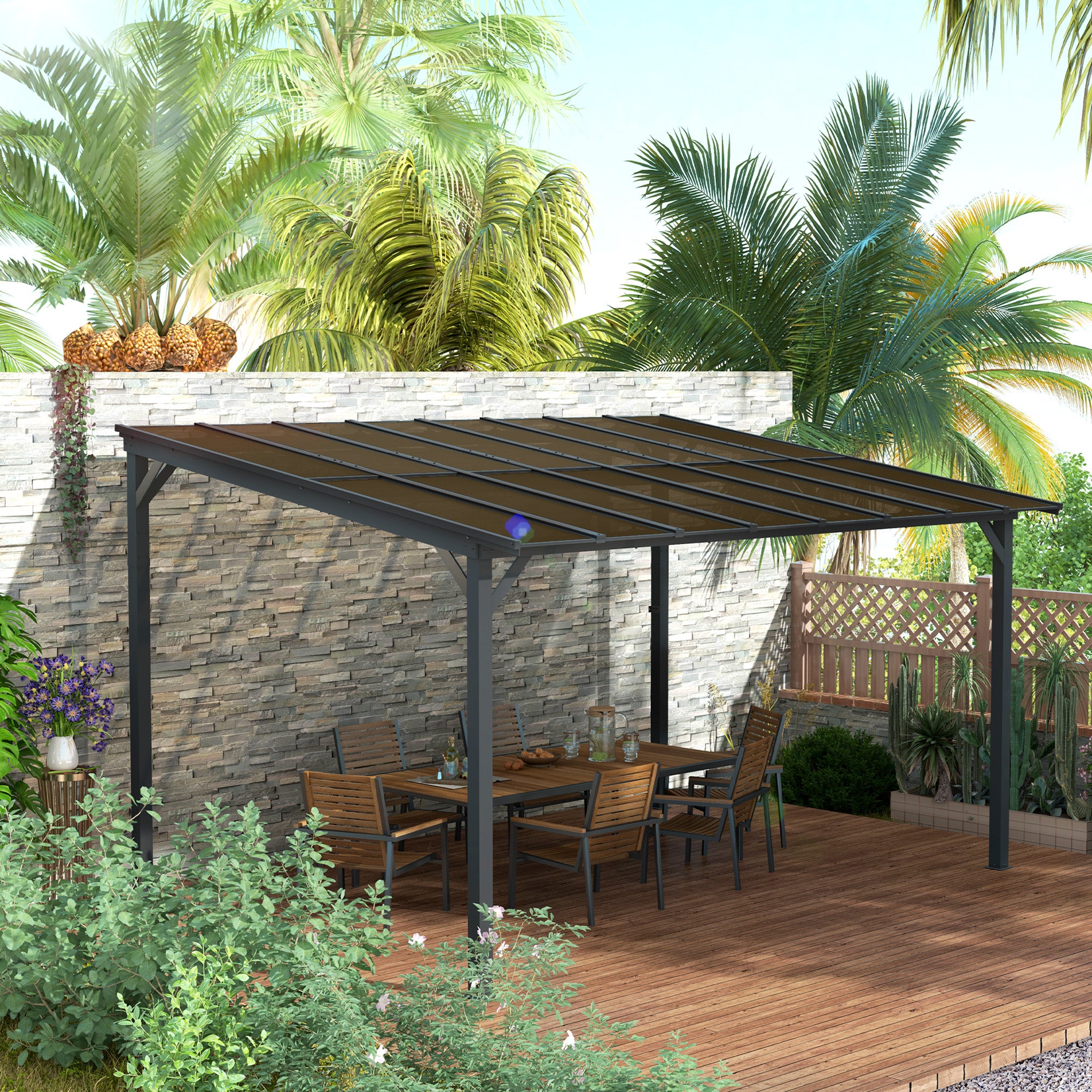 Outsunny 10' x 14' Waterproof Hardtop Gazebo with UPF 50+ Sun Protection & Wind Resistance showcased in a tropical garden setting with wooden furniture, ideal for outdoor gatherings.