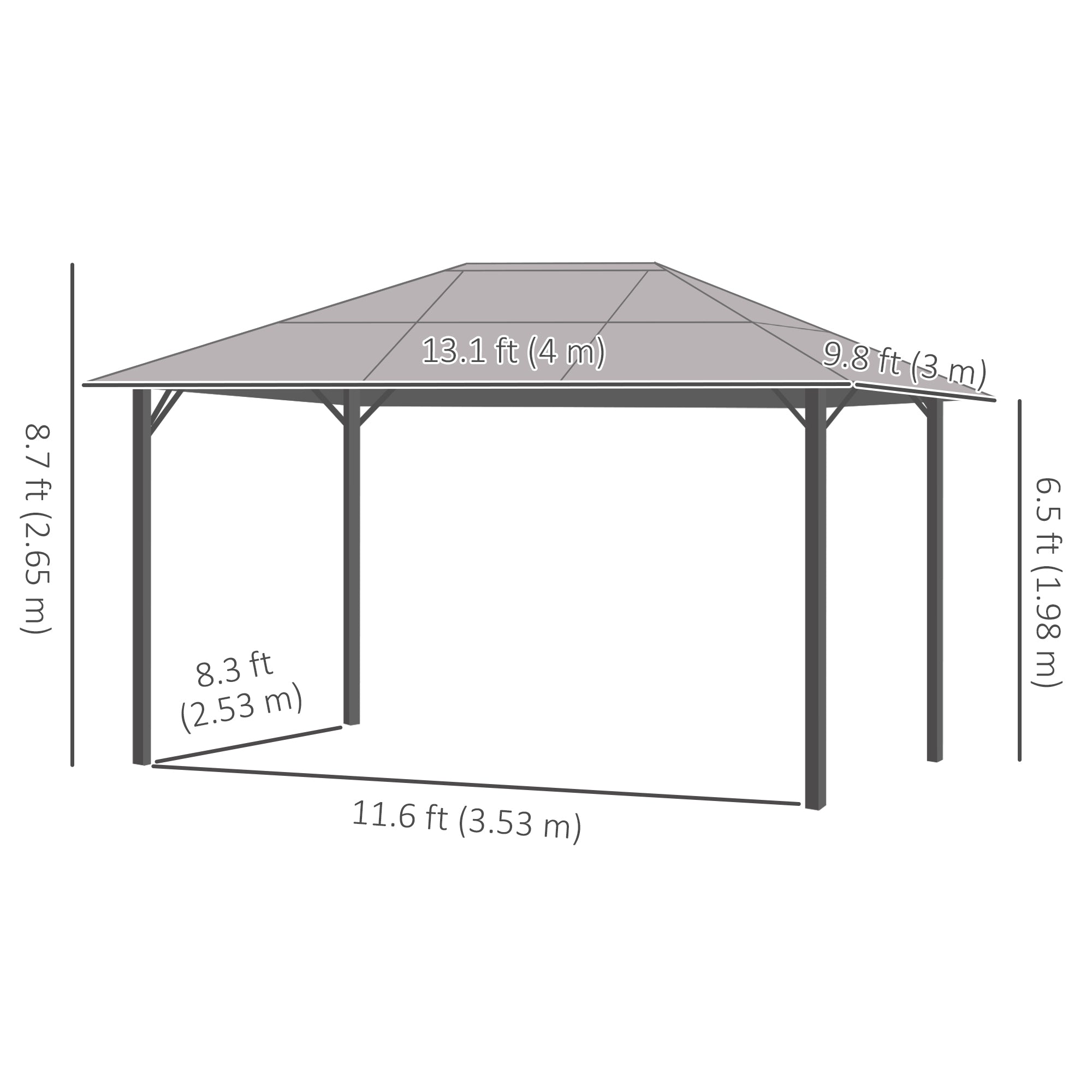 Dimensions illustration of Outsunny 13' x 10' Aluminum Hardtop Gazebo, including height and width specifications for optimal outdoor planning.